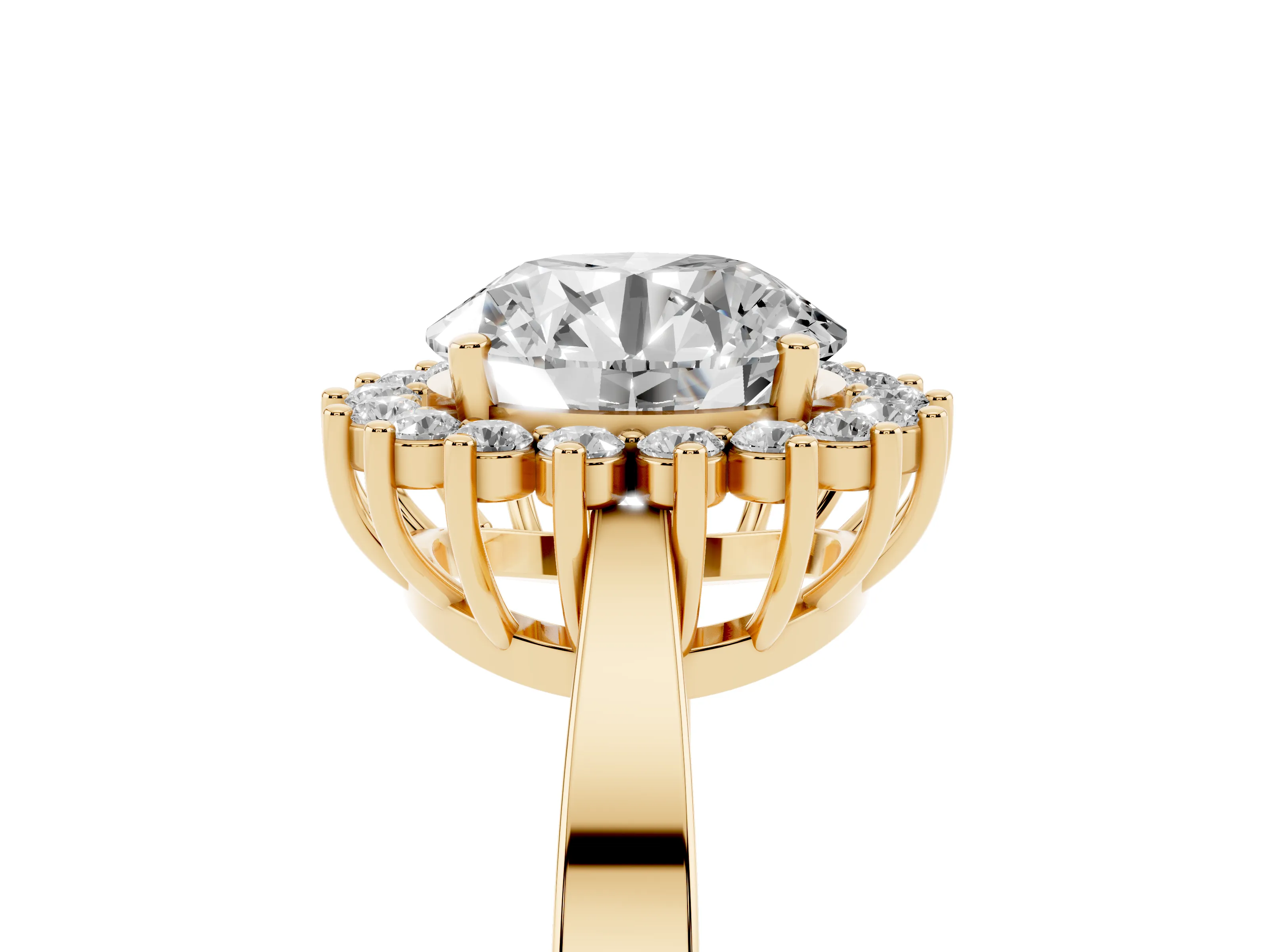 Round Cut Diamond Halo Ring Set in Yellow gold with Round Halo and Smooth Solitaire Band