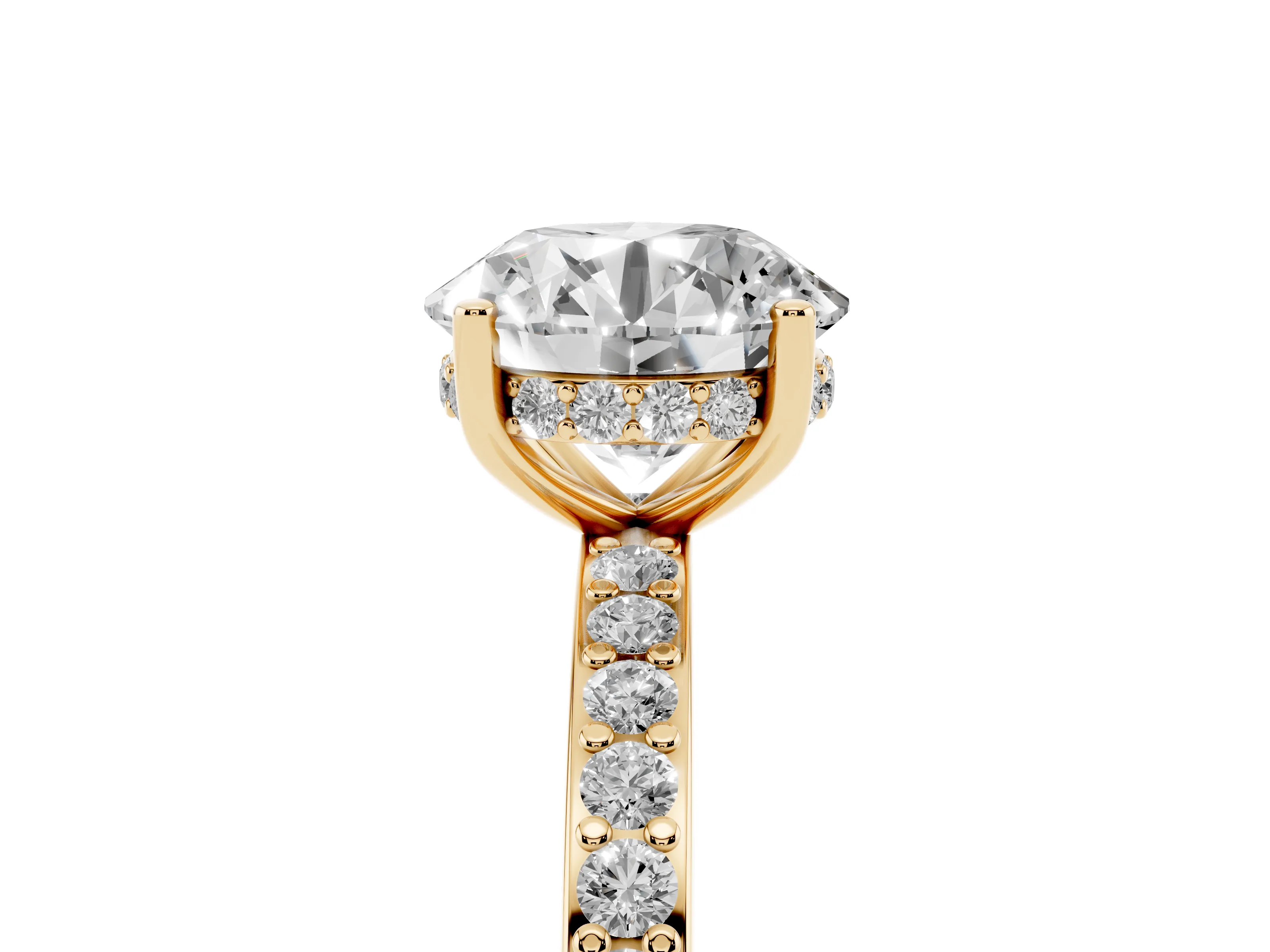 Round Cut Diamond Pavé Band Ring Set in Yellow gold with Prong-Set Center Stone