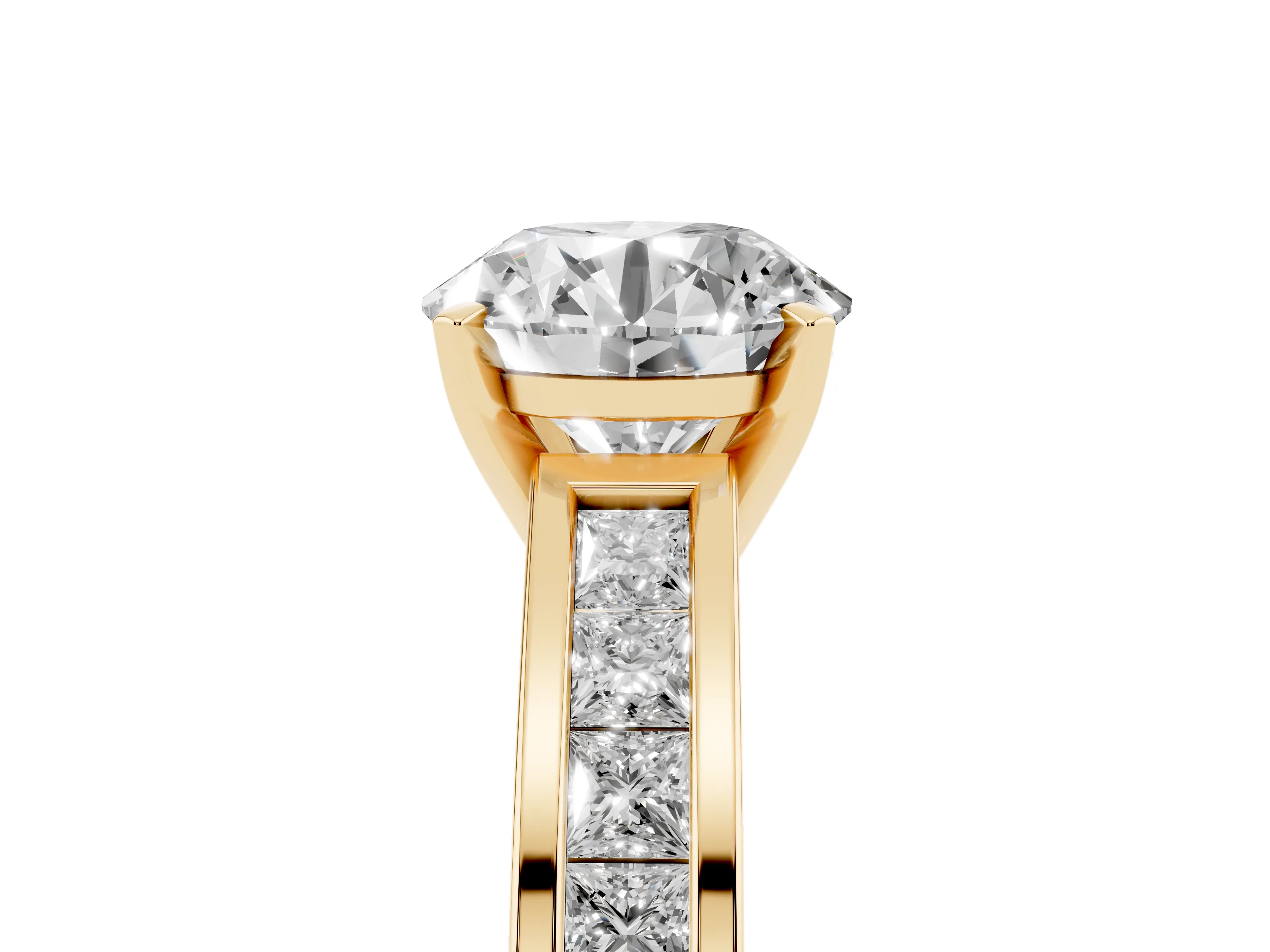 Round Cut Diamond Solitaire Ring Set in Yellow gold with Channel-Set Band and Prong Setting