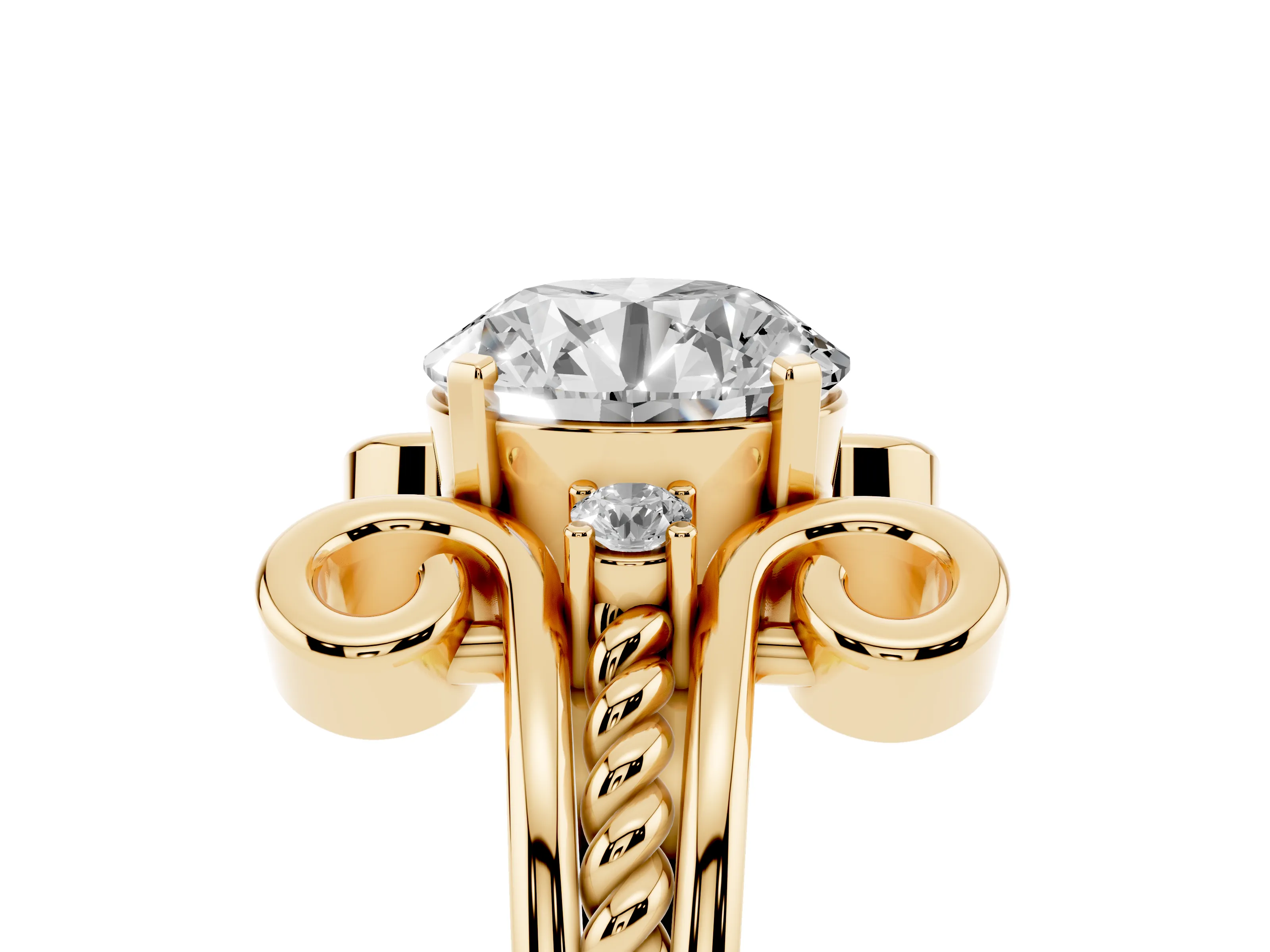 Round Cut Diamond Twisted Band Solitaire Ring Set in Yellow gold with Scroll Prongs