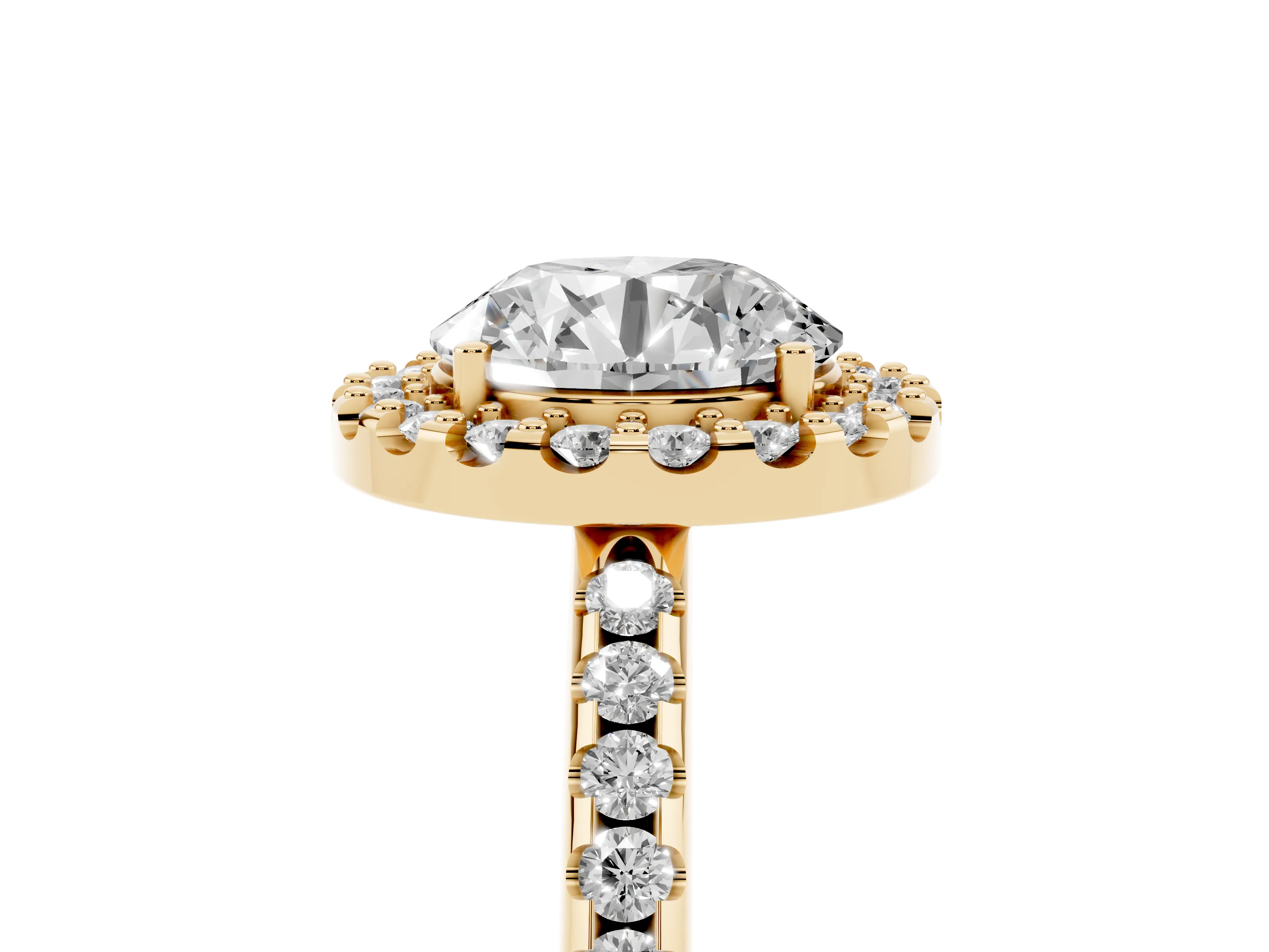 Round Cut Diamond Pavé Halo Ring Set in Yellow gold with Prong Setting