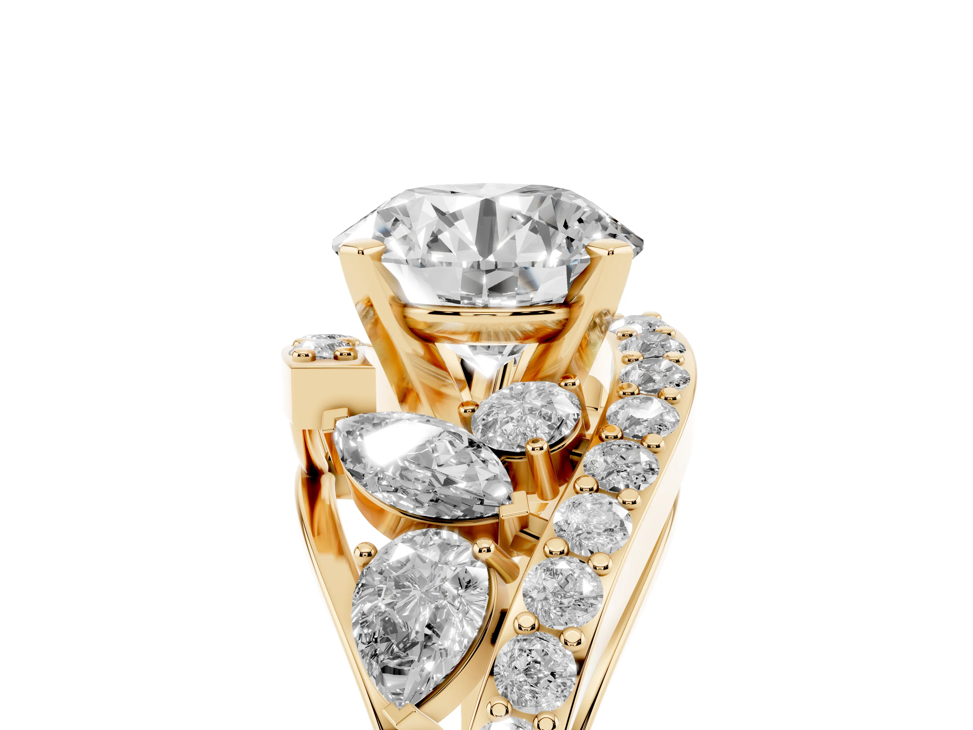 Round Cut Diamond Halo Ring Set in Yellow gold with Marquise and Pavé Band in Prong Setting