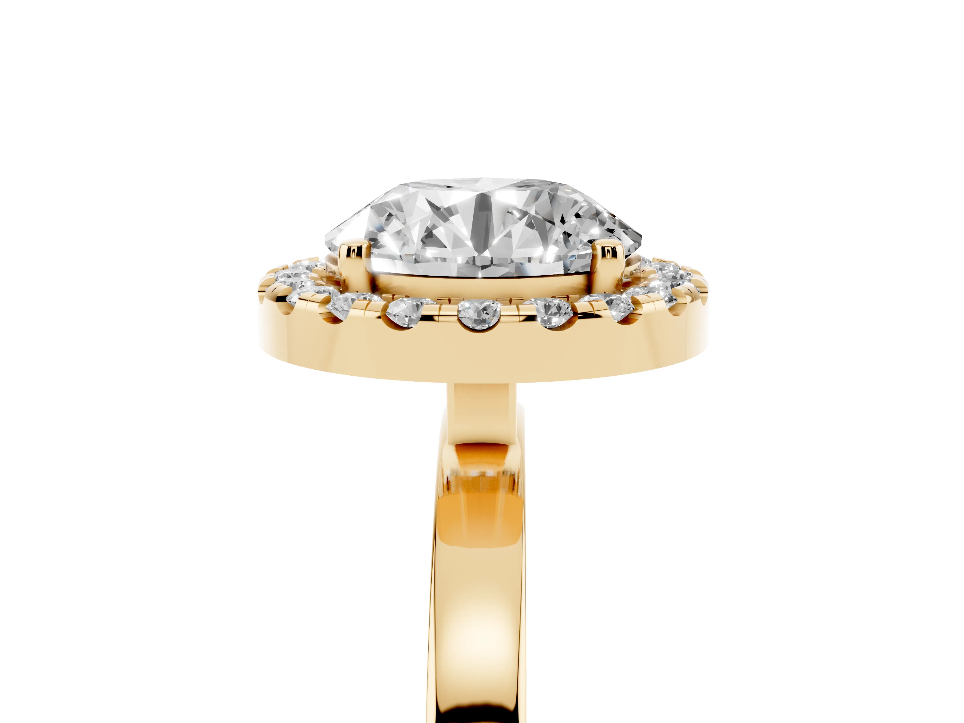 Round Cut Diamond Halo Solitaire Ring Set in Yellow gold with Pavé Band and Prong Setting