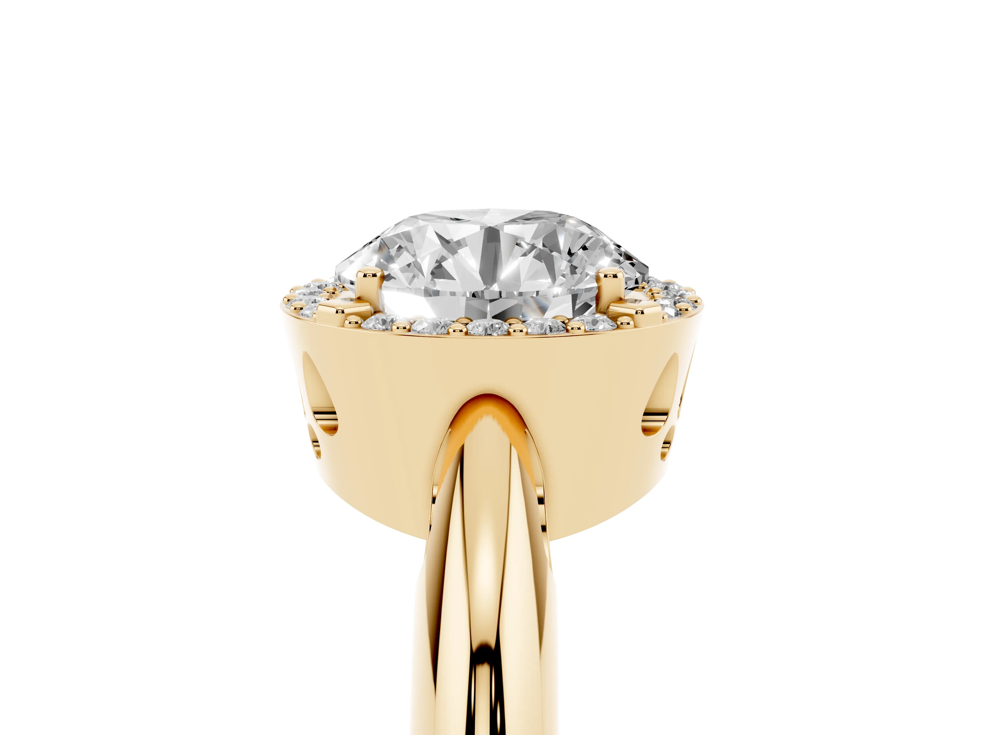 Round Cut Diamond Halo Engagement Ring Set in Yellow gold with Plain Split Shank and Prong Setting