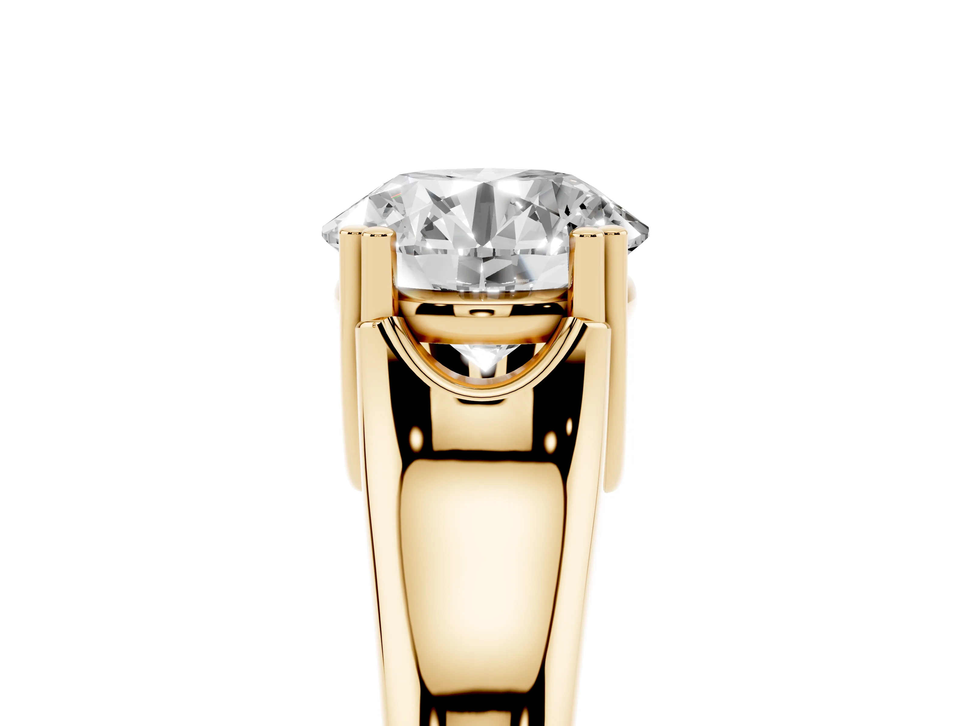 Round Cut Diamond Solitaire Ring Set in Yellow gold with Wide Band and Prong Setting