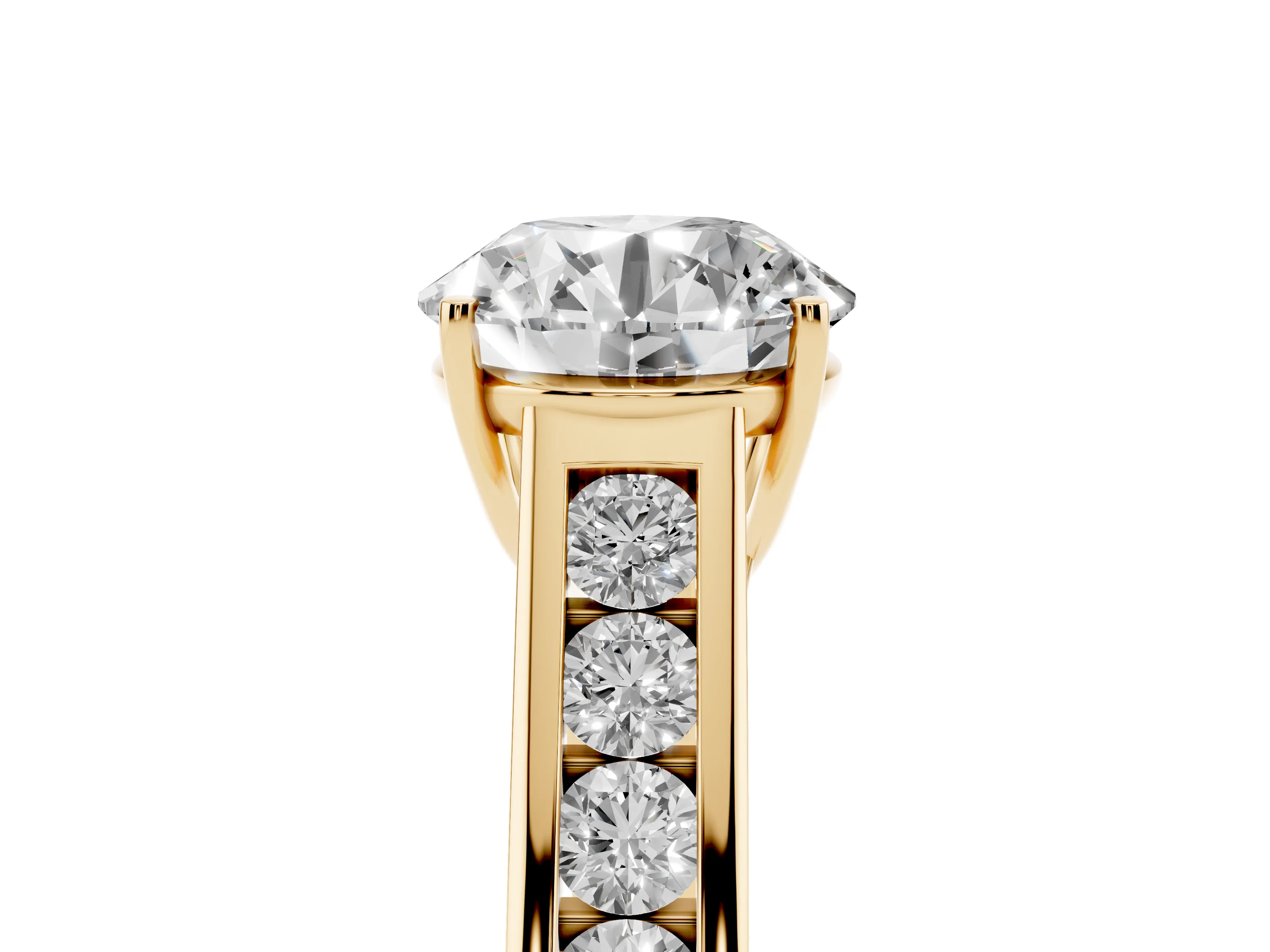 Round Cut Diamond Solitaire Channel-Set Engagement Ring Set in Yellow gold with Prong Setting