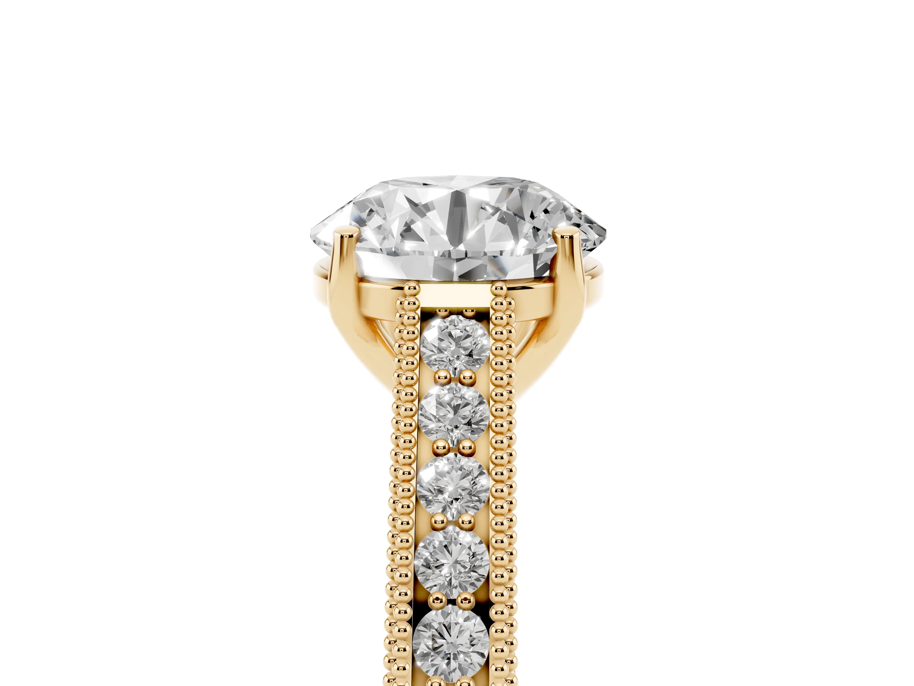 Round Cut Diamond Milgrain Pavé Band Solitaire Ring Set in Yellow gold with Prong Setting