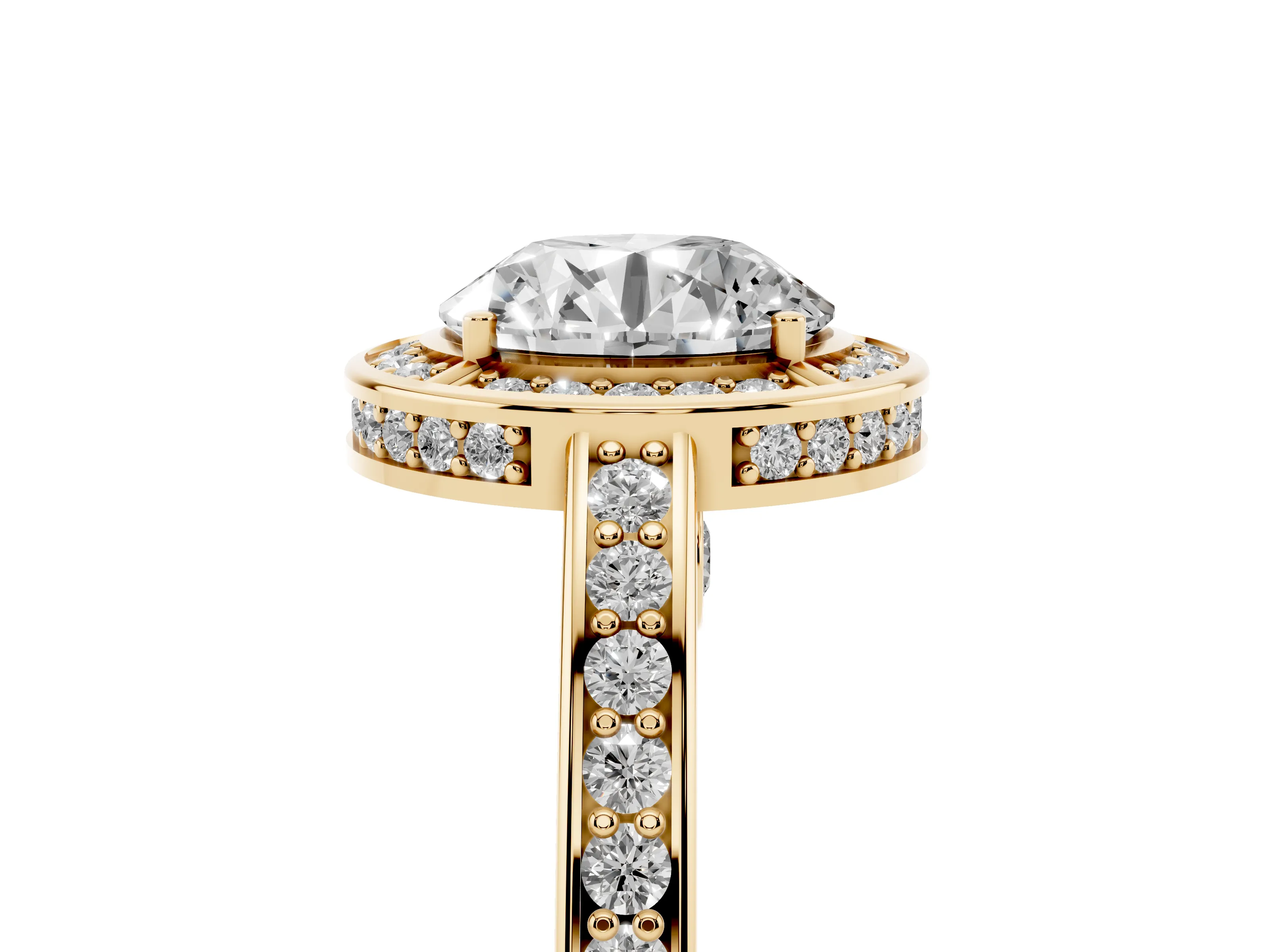 Round Cut Diamond Halo Pavé Split Shank Ring Set in Yellow gold with Prong Setting