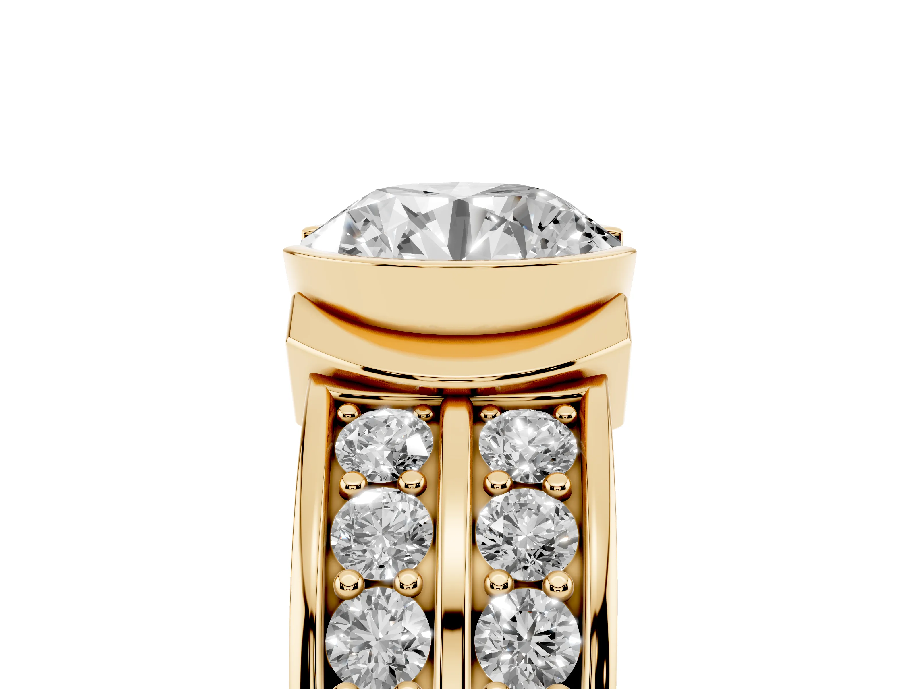 Round Cut Diamond Wide Channel Set Band Ring Set in Yellow gold with Bezel Setting