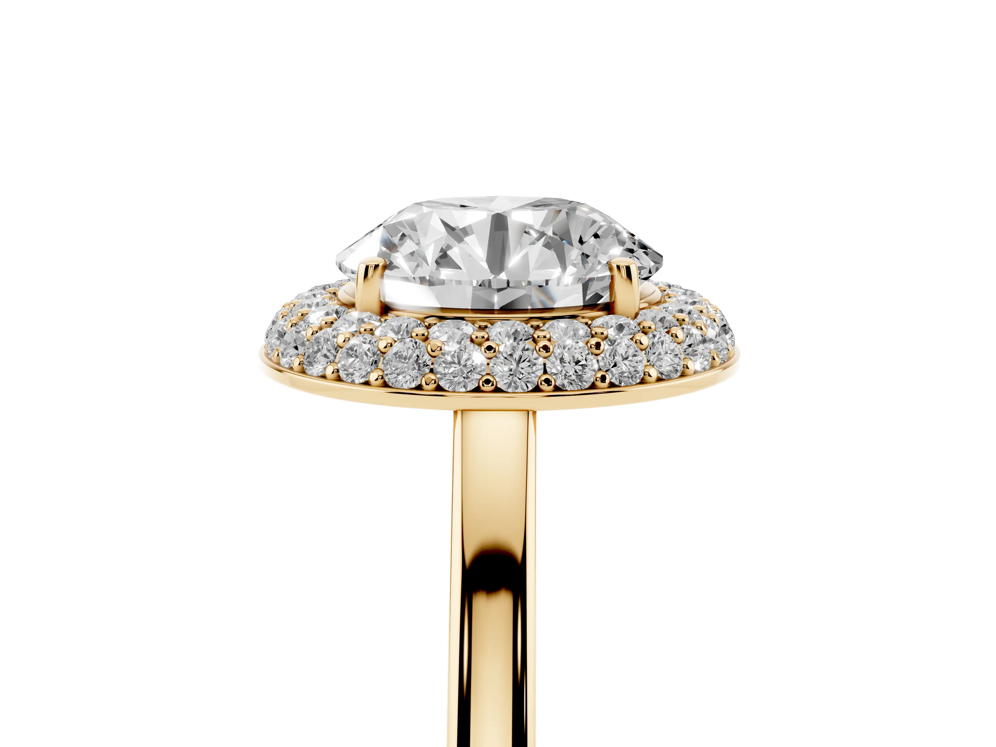 Round Cut Diamond Halo Engagement Ring Set in Yellow gold with Solitaire Band and Prong Setting