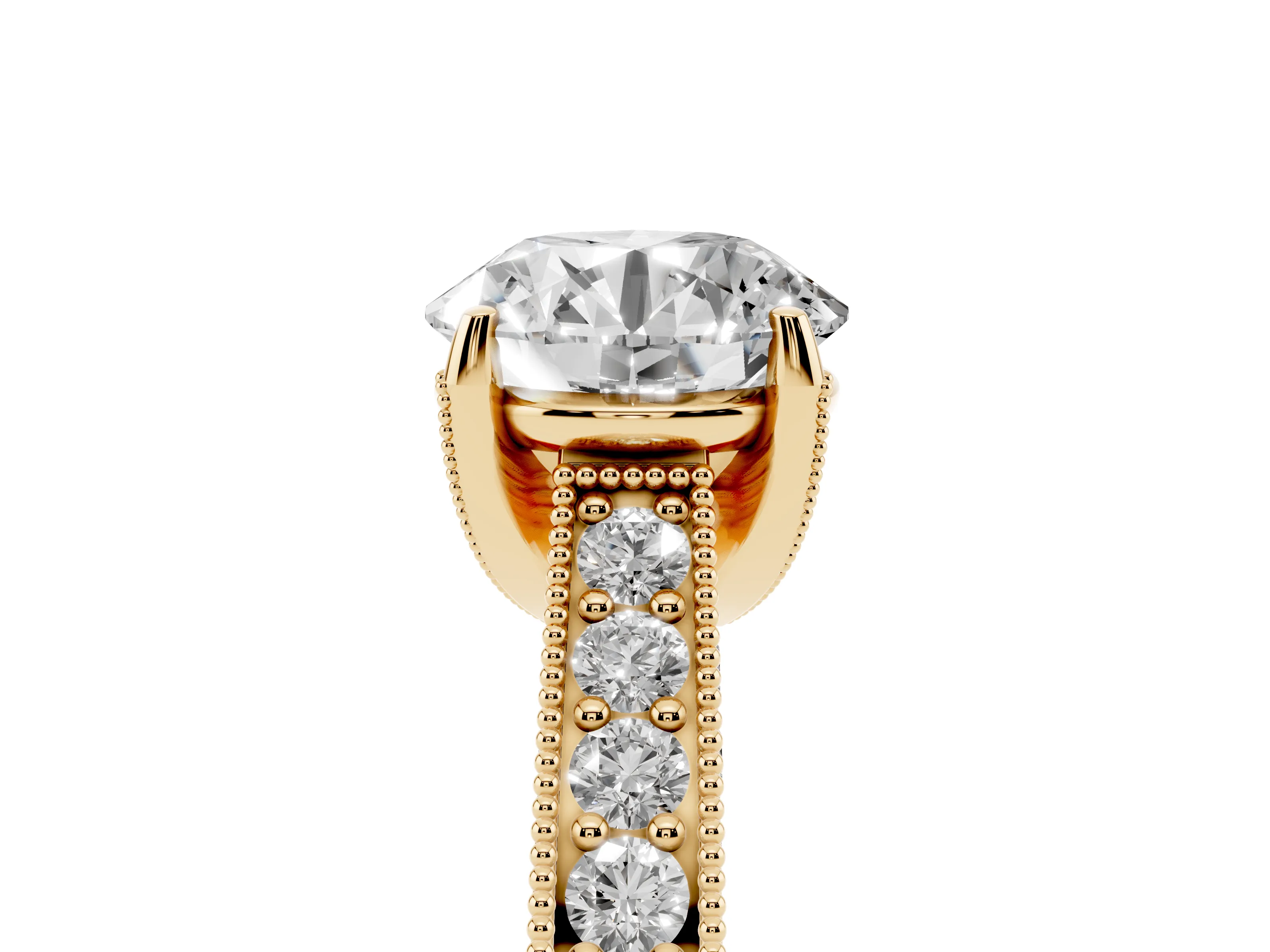 Round Cut Diamond Solitaire Ring Set in Yellow gold with Milgrain-Edged Pavé Band and Prong Setting