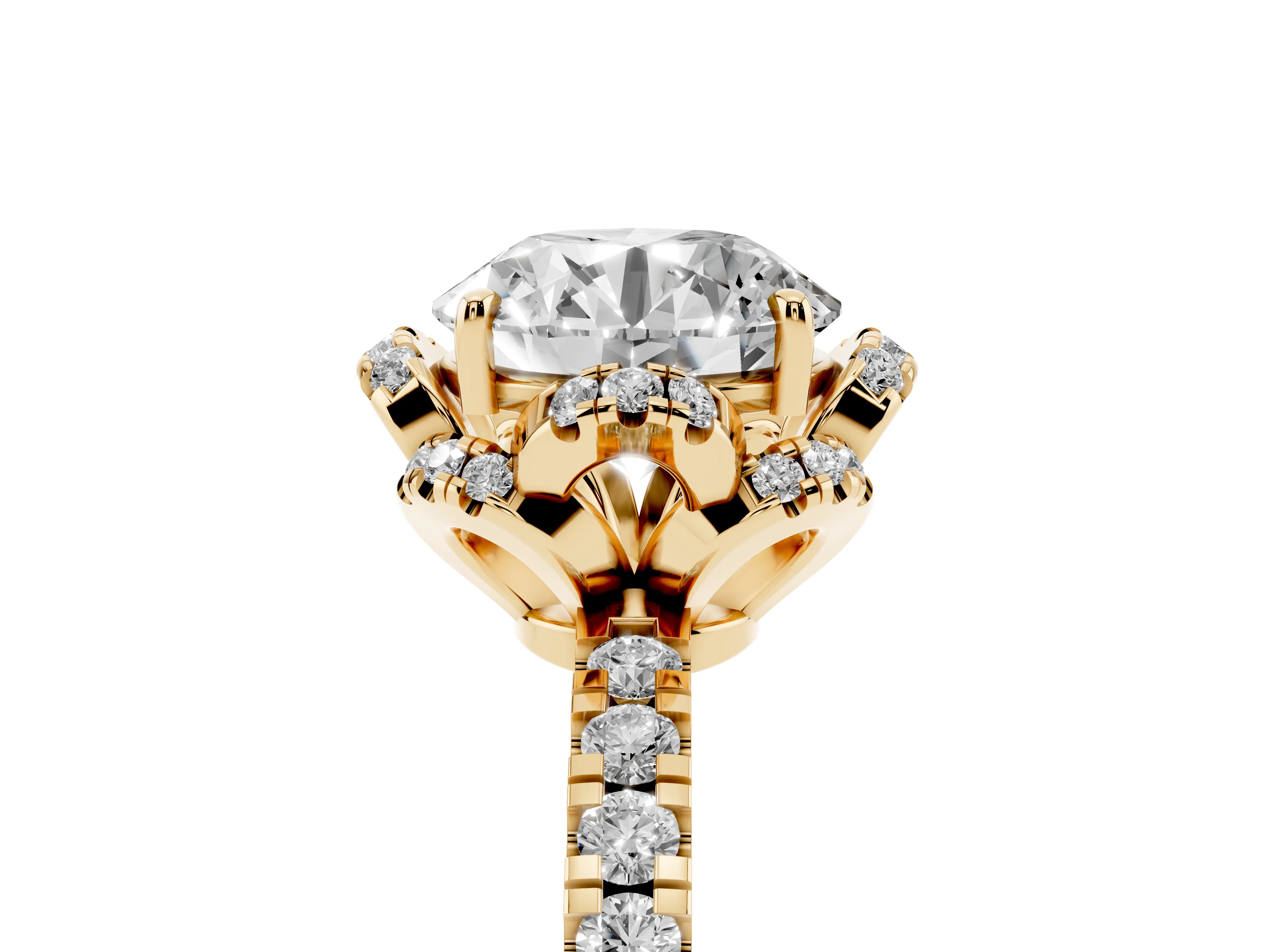 Round Cut Diamond Halo Pavé Band Ring Set in Yellow gold with Prong-Held Center