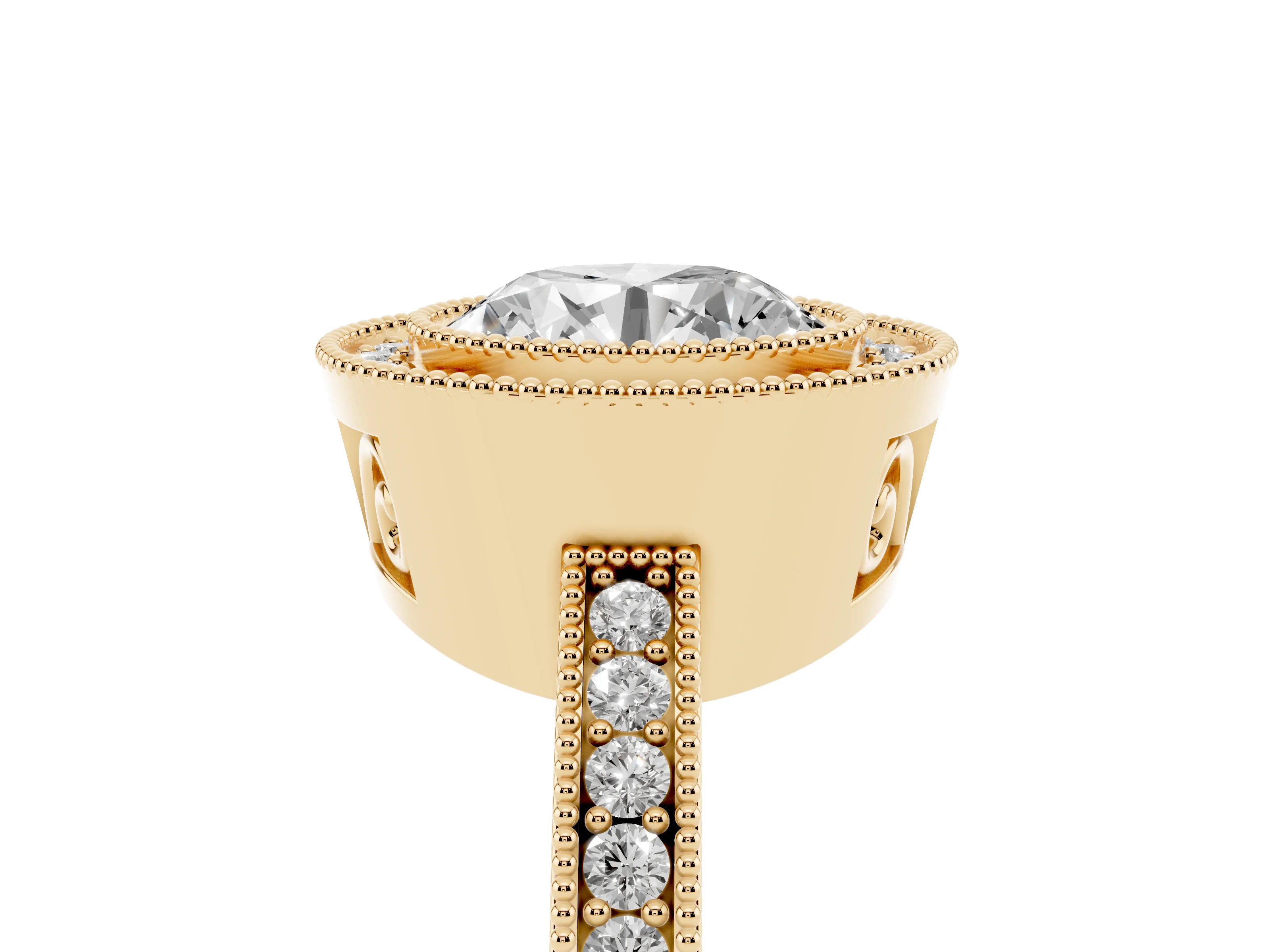 Round Cut Diamond Round Halo Ring Set in Yellow gold with Pavé Band