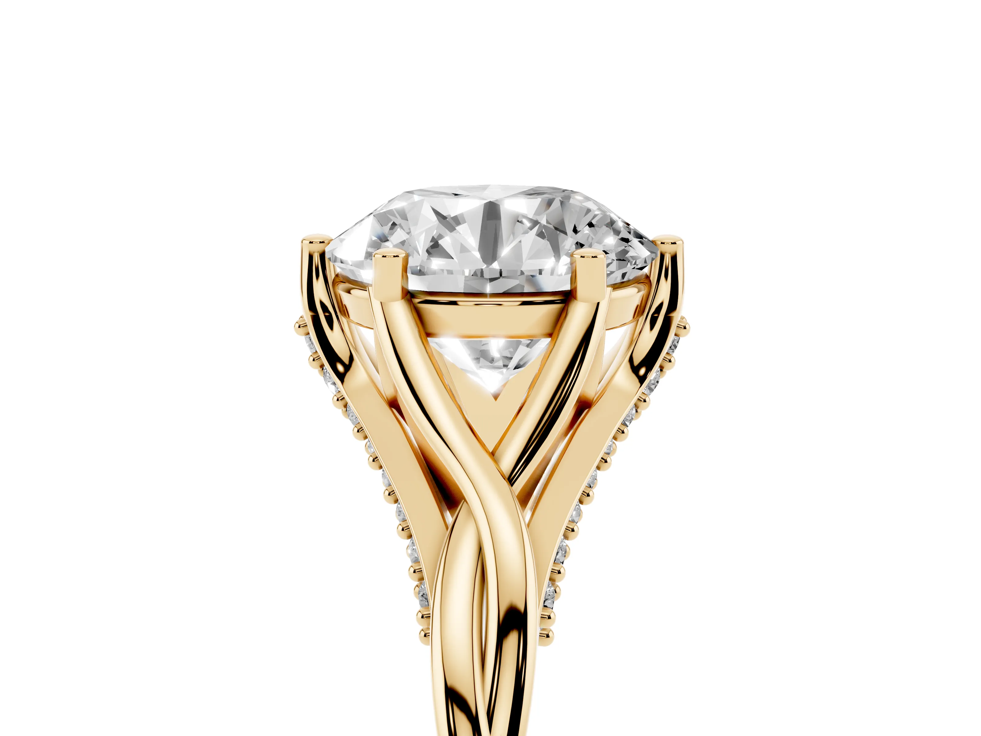Round Cut Diamond Intertwined Twist Band Solitaire Ring Set in Yellow gold with Prong Setting