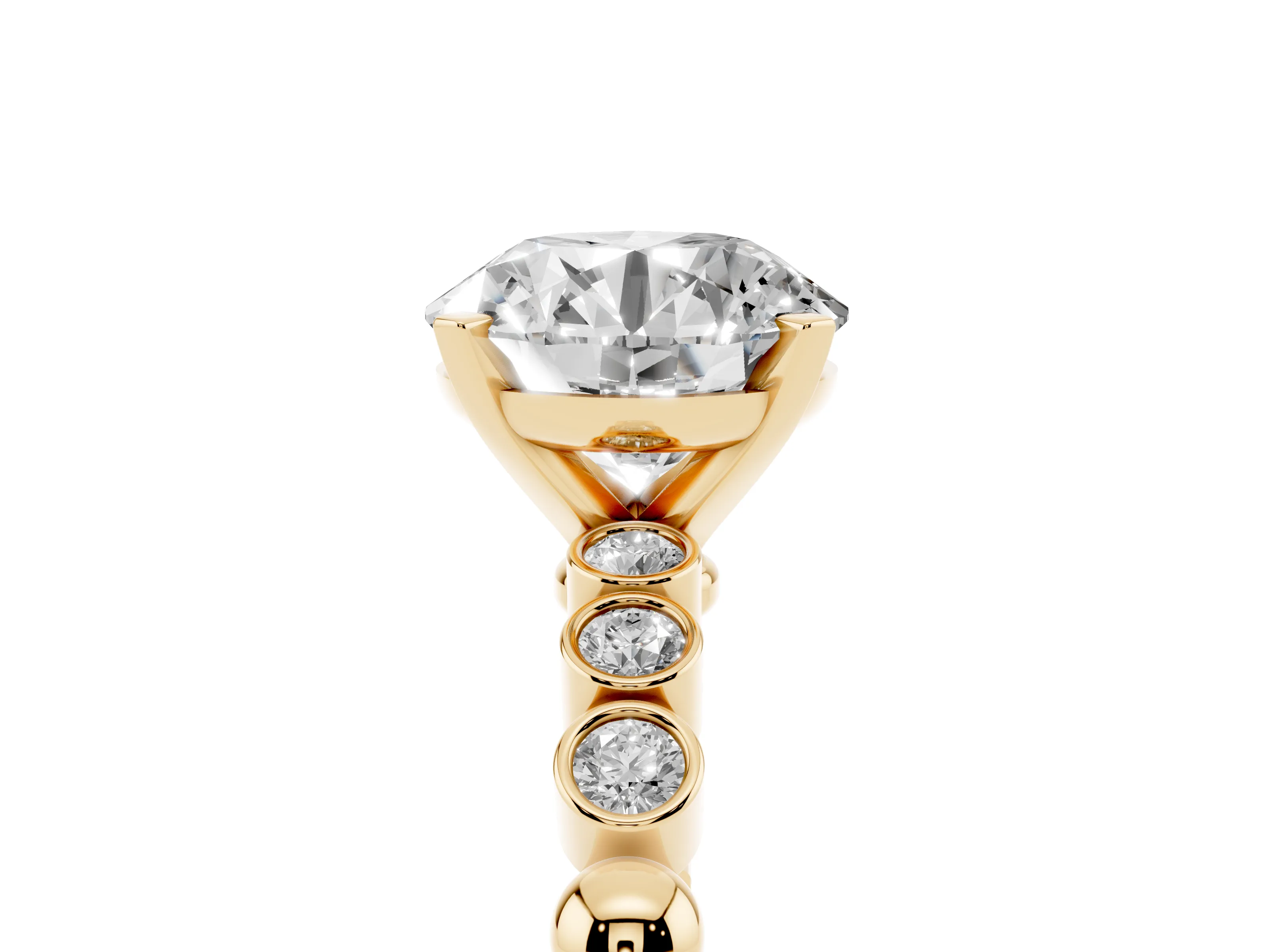 Round Cut Diamond Solitaire Engagement Ring Set in Yellow gold with Bezel Accents on Beaded Band