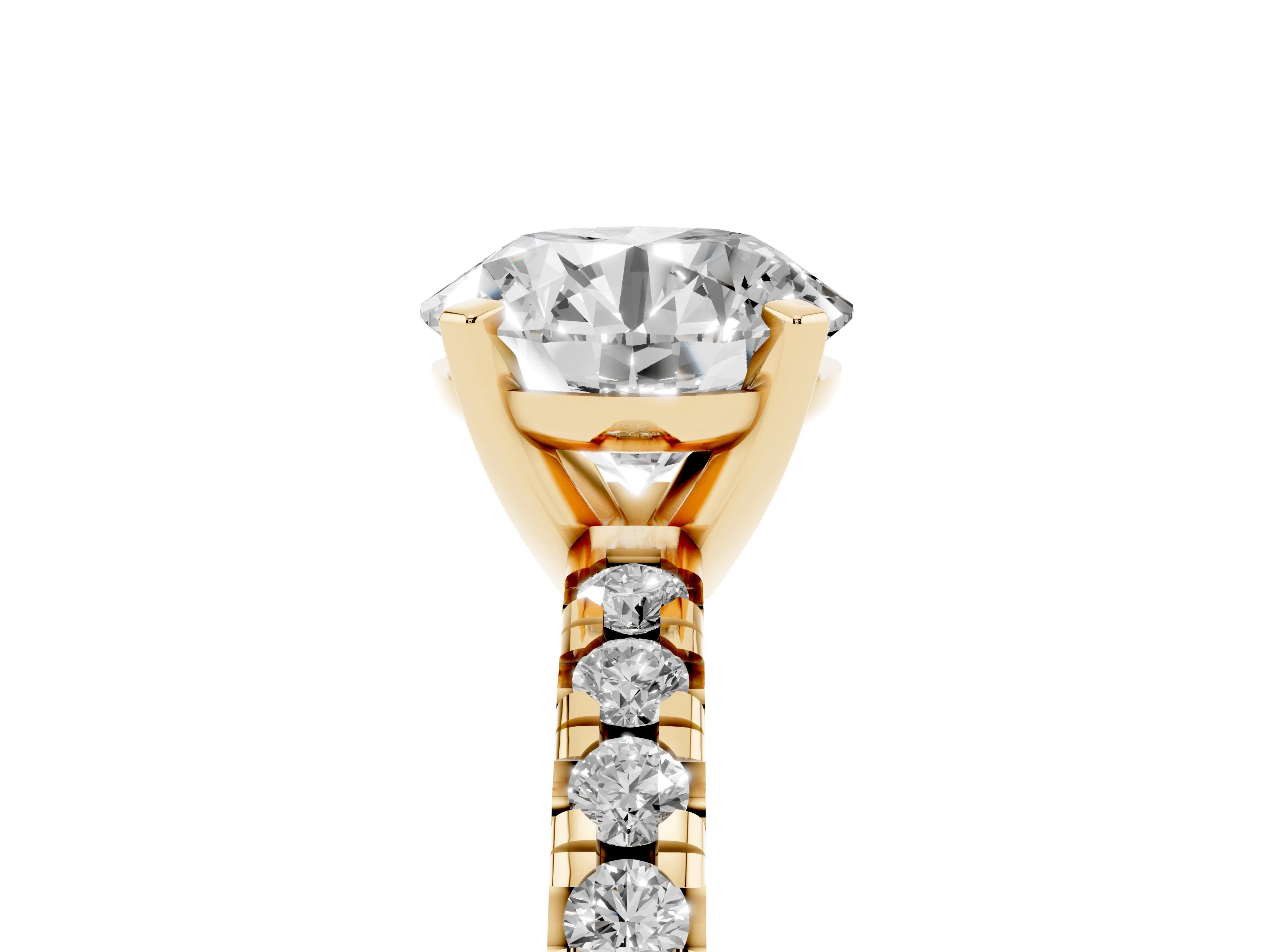 Round Cut Diamond Solitaire Pavé Engagement Ring Set in Yellow gold with Round Band and Prong Setting