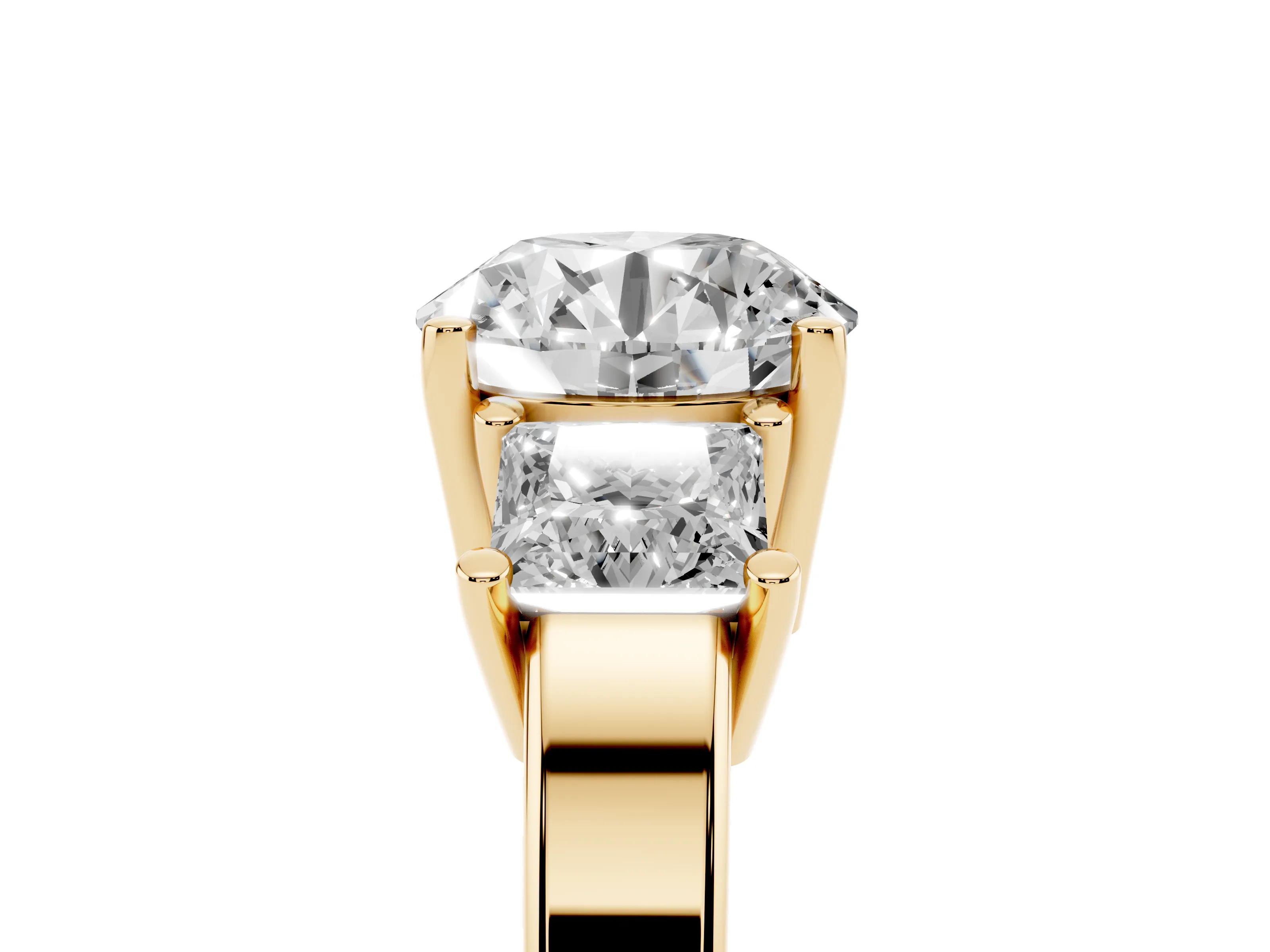 Three-Stone Round Cut Diamond Solitaire Ring Set in Yellow gold with Prong Setting