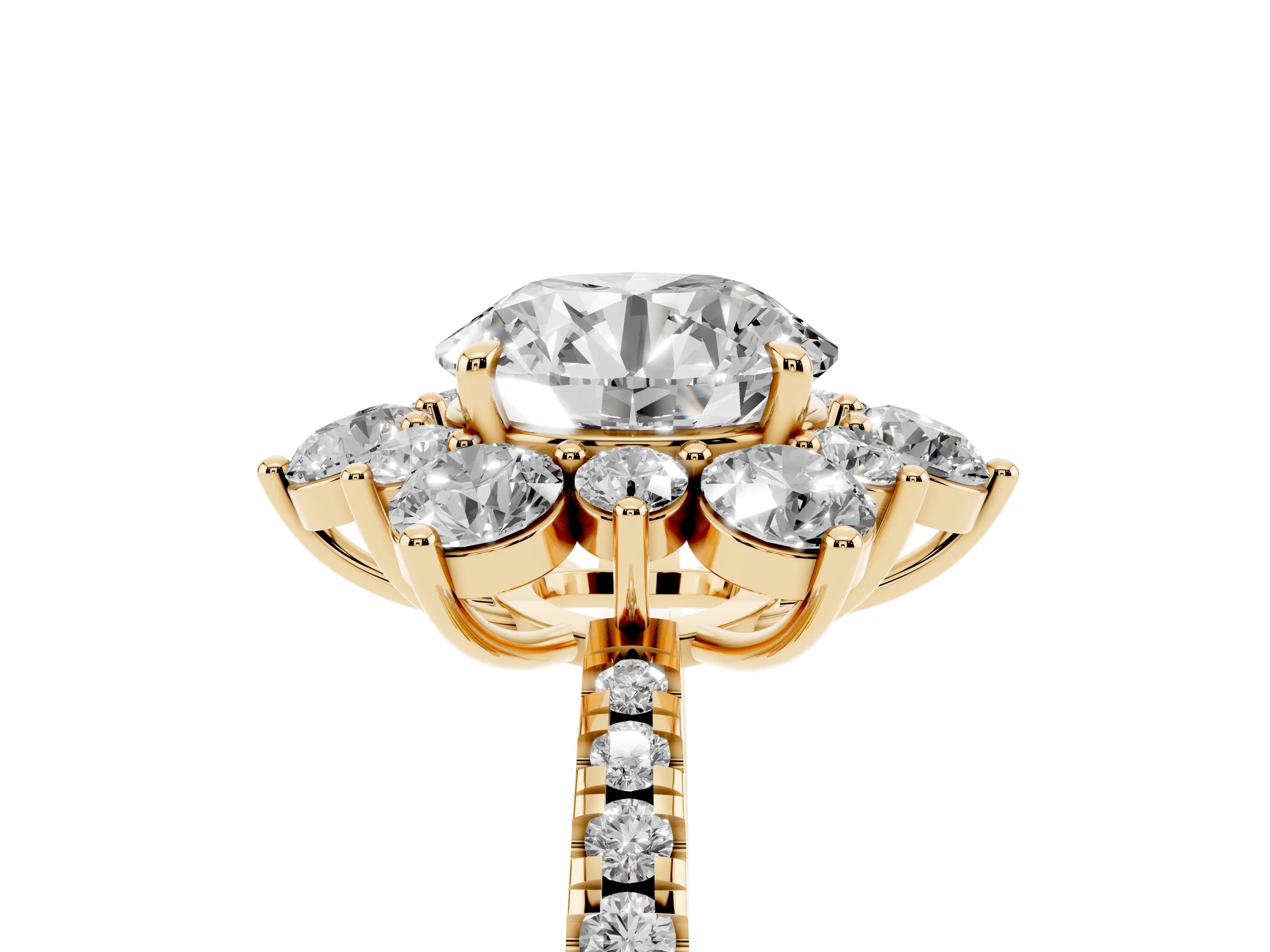 Round Cut Diamond Floral Halo Ring Set in Yellow gold with Round Pavé Band and Prong Setting