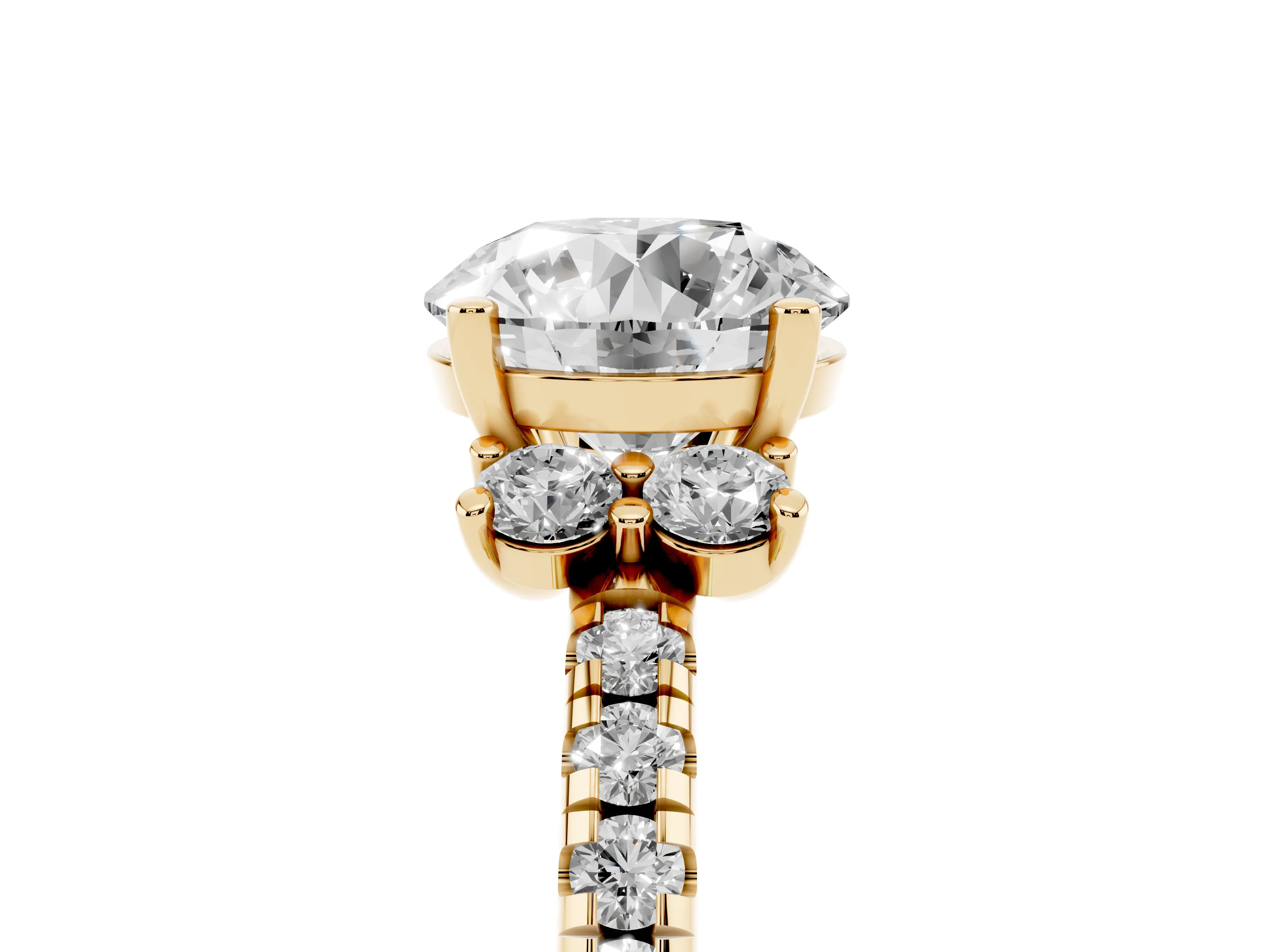 Round Cut Diamond Three-Stone Pavé Ring Set in Yellow gold with Prong Setting