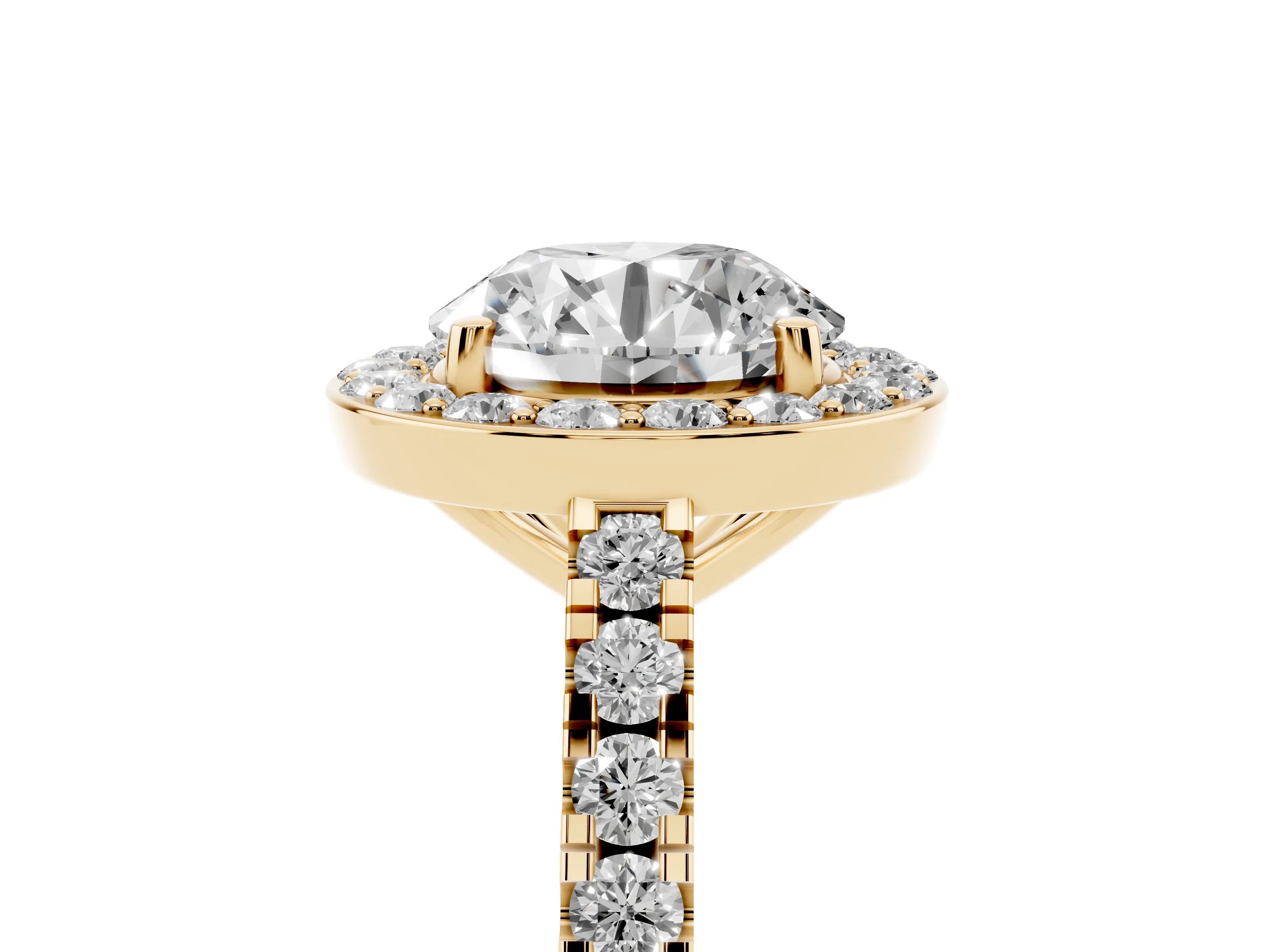 Round Cut Diamond Halo Ring Set in Yellow gold with Round Pavé Split Shank and Prong Setting