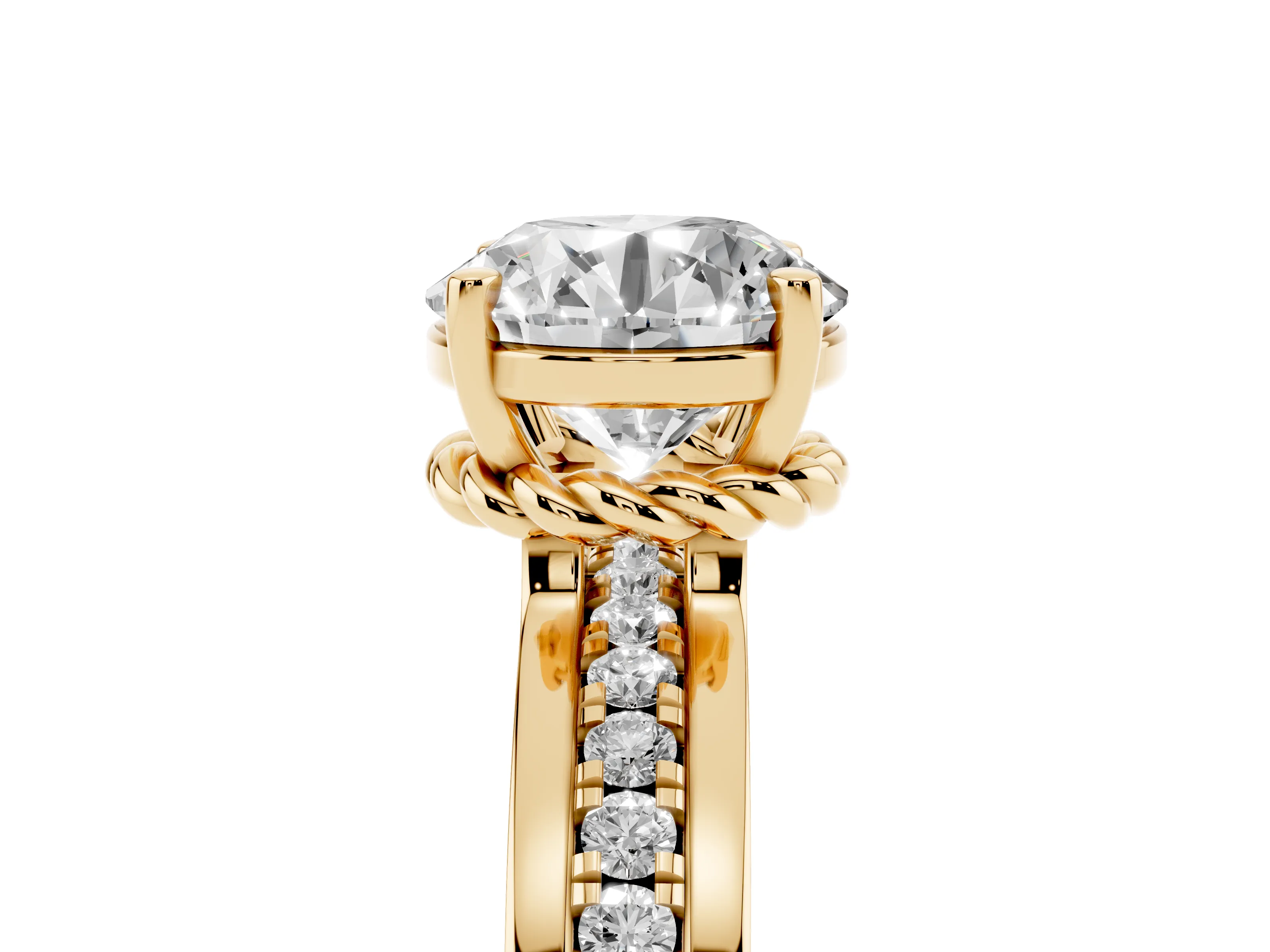 Round Cut Diamond Solitaire Ring Set in Yellow gold with Channel Set Band and Prong Setting