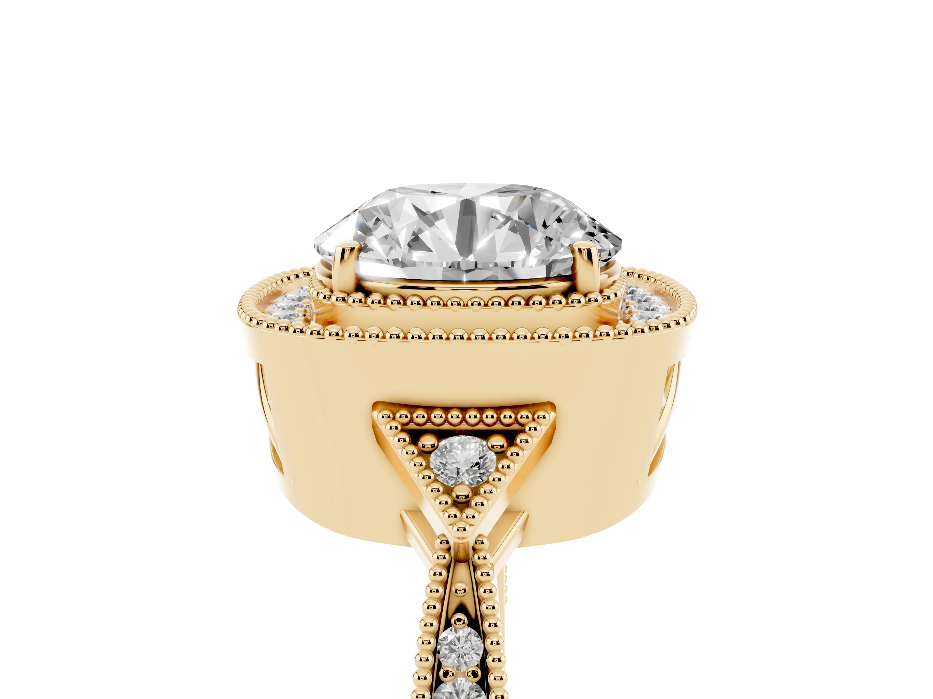 Round Cut Diamond Halo Engagement Ring Set in Yellow gold with Milgrain Pavé Band