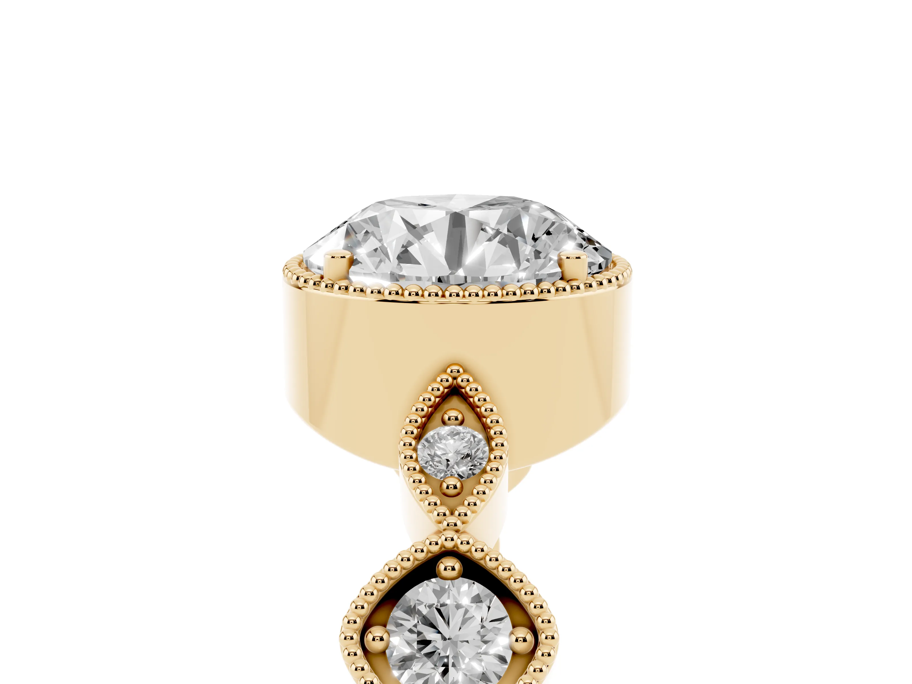 Round Cut Diamond Vintage-Inspired Milgrain Ring Set in Yellow gold with Marquise Stations of Round Accents