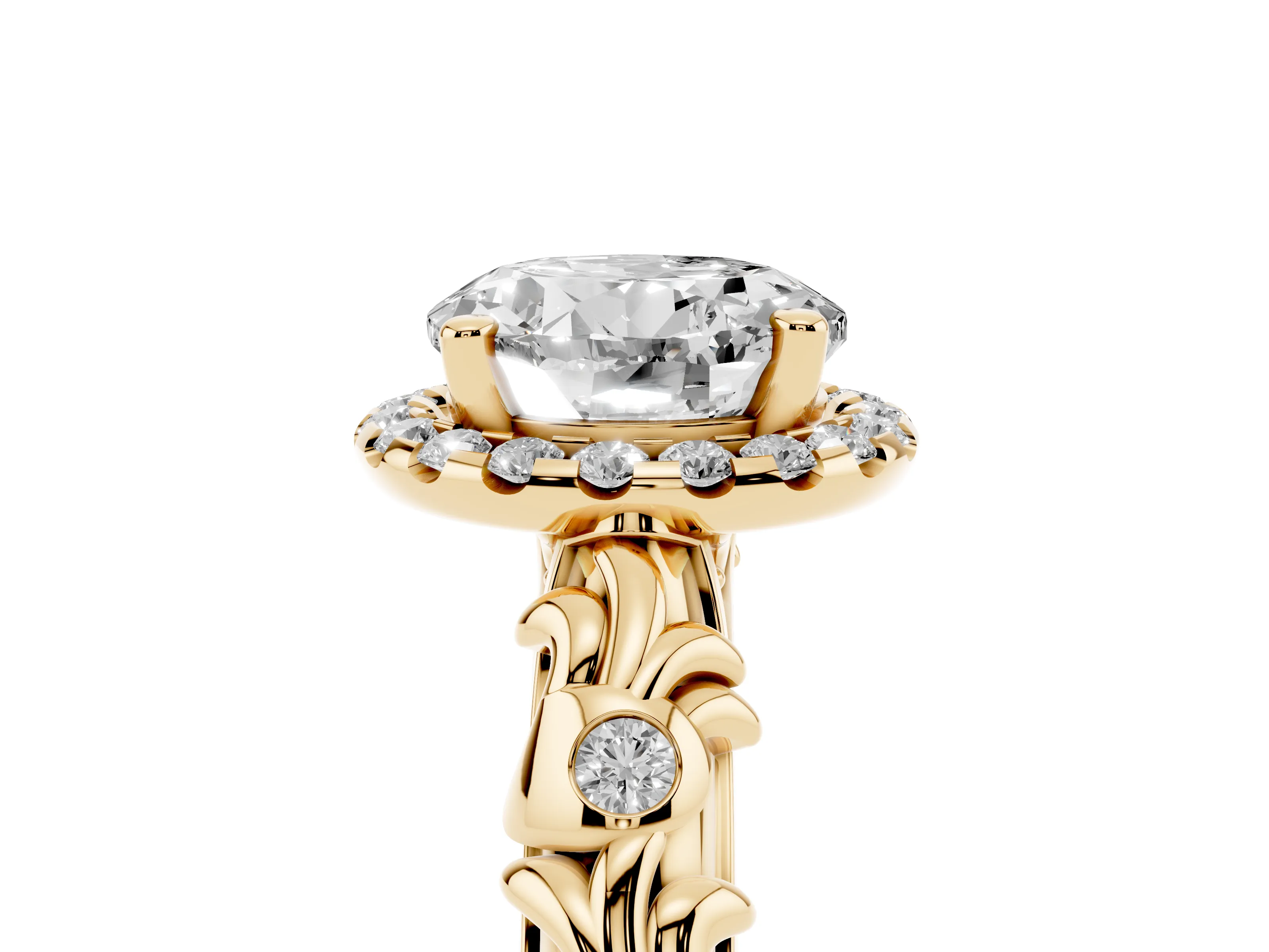 Round Cut Diamond Halo Ring Set in Yellow gold with Filigree Leaf Band and Prong Setting