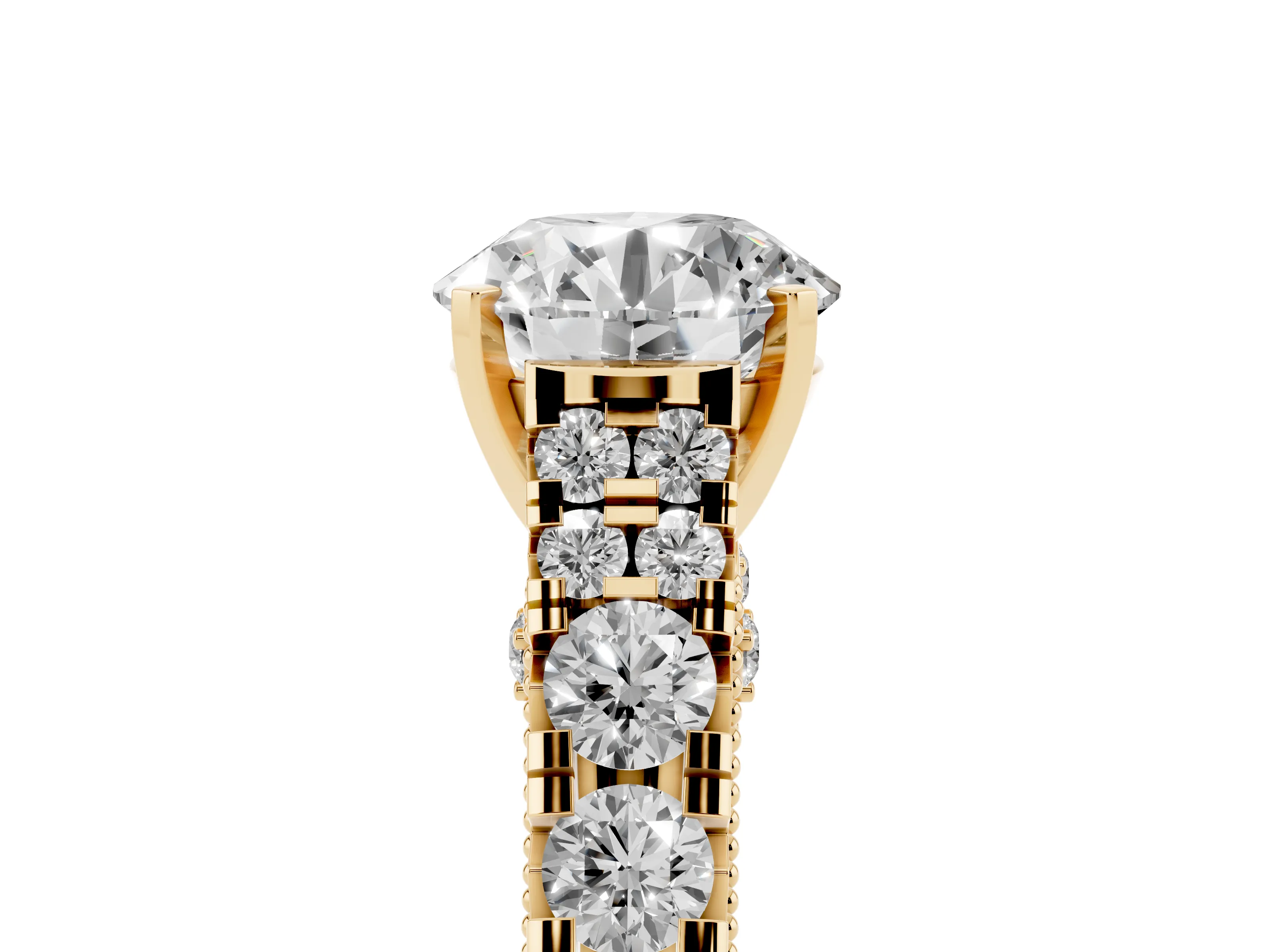 Round Cut Diamond Classic Solitaire Ring Set in Yellow gold with Pavé Band and Prong Setting