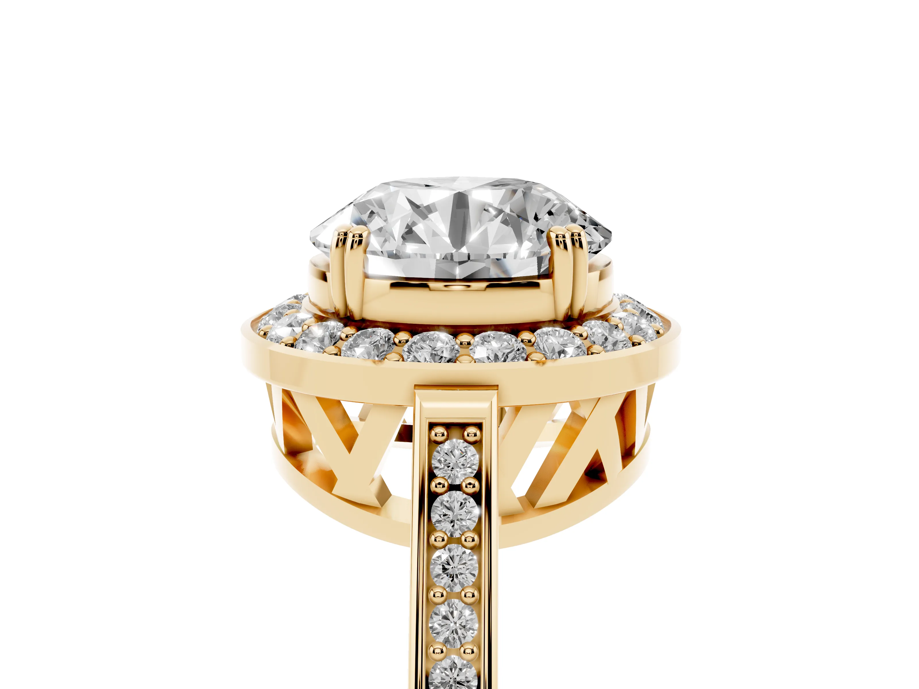 Round Cut Diamond Halo Ring Set in Yellow gold with Accent-Lined Split Shank and Prong Setting