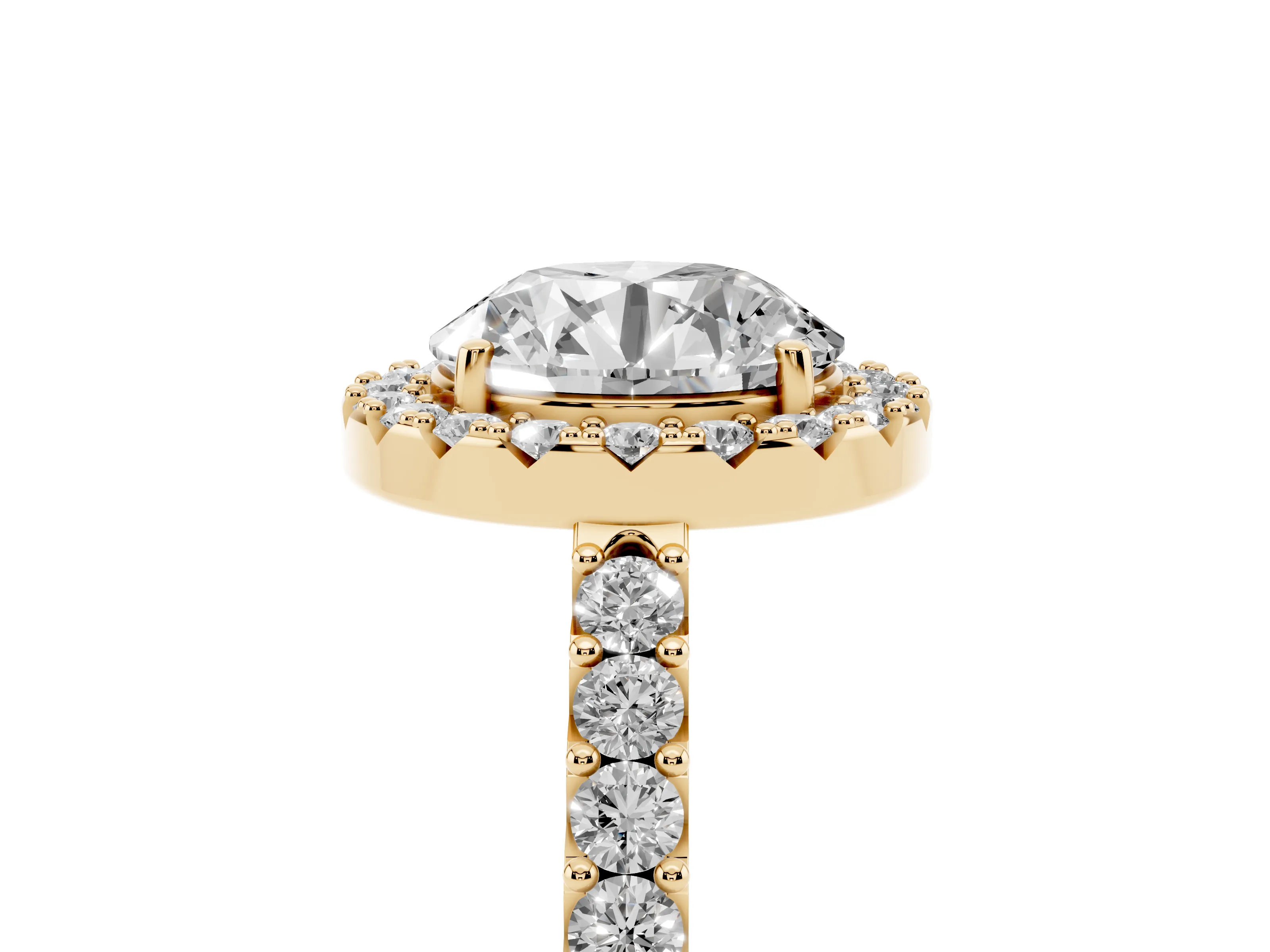 Round Cut Diamond Halo Pavé Solitaire Ring Set in Yellow gold with Prong-Set Center Stone