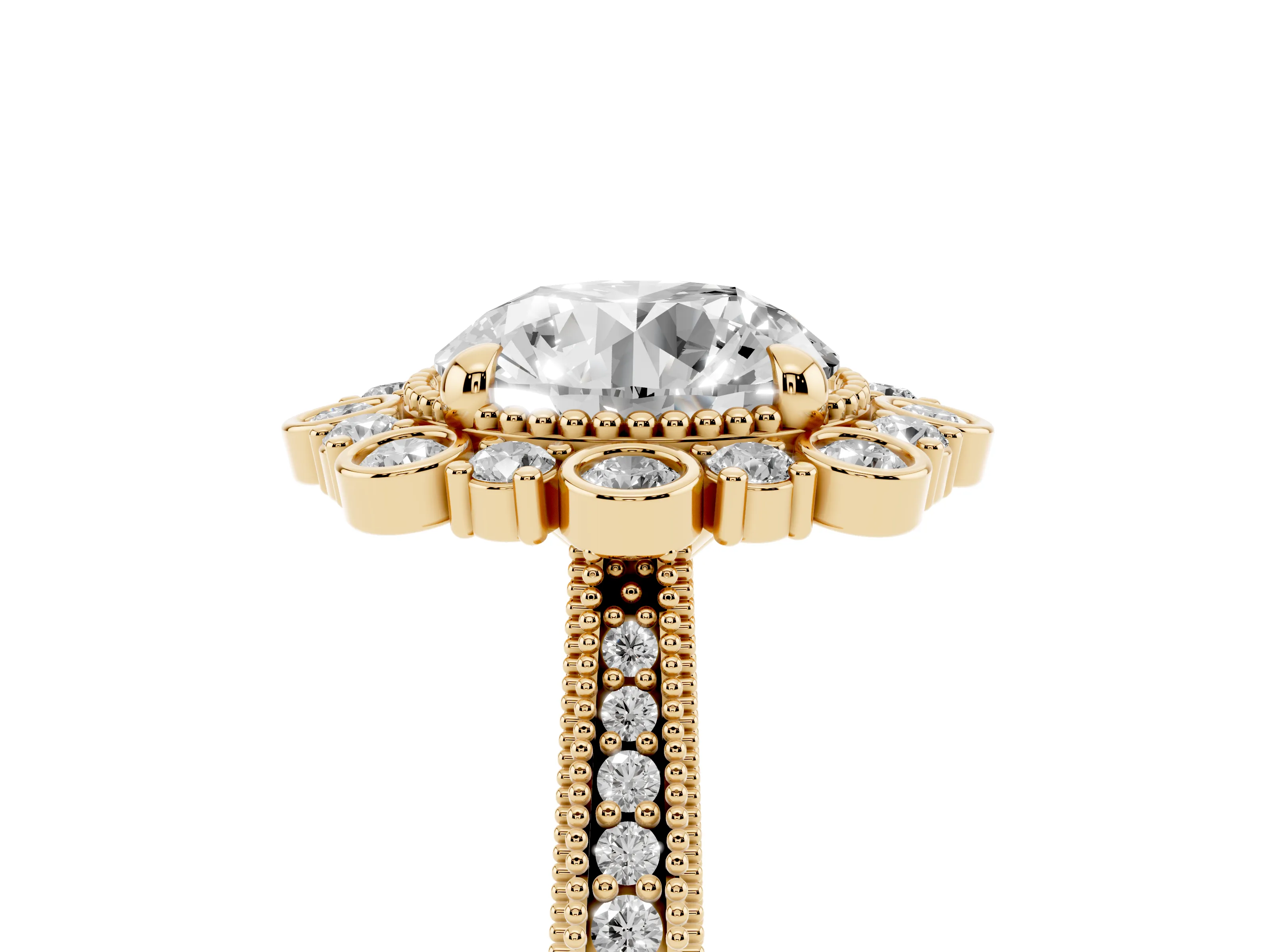 Round Cut Diamond Halo Milgrain Pavé Ring Set in Yellow gold with Prong Setting