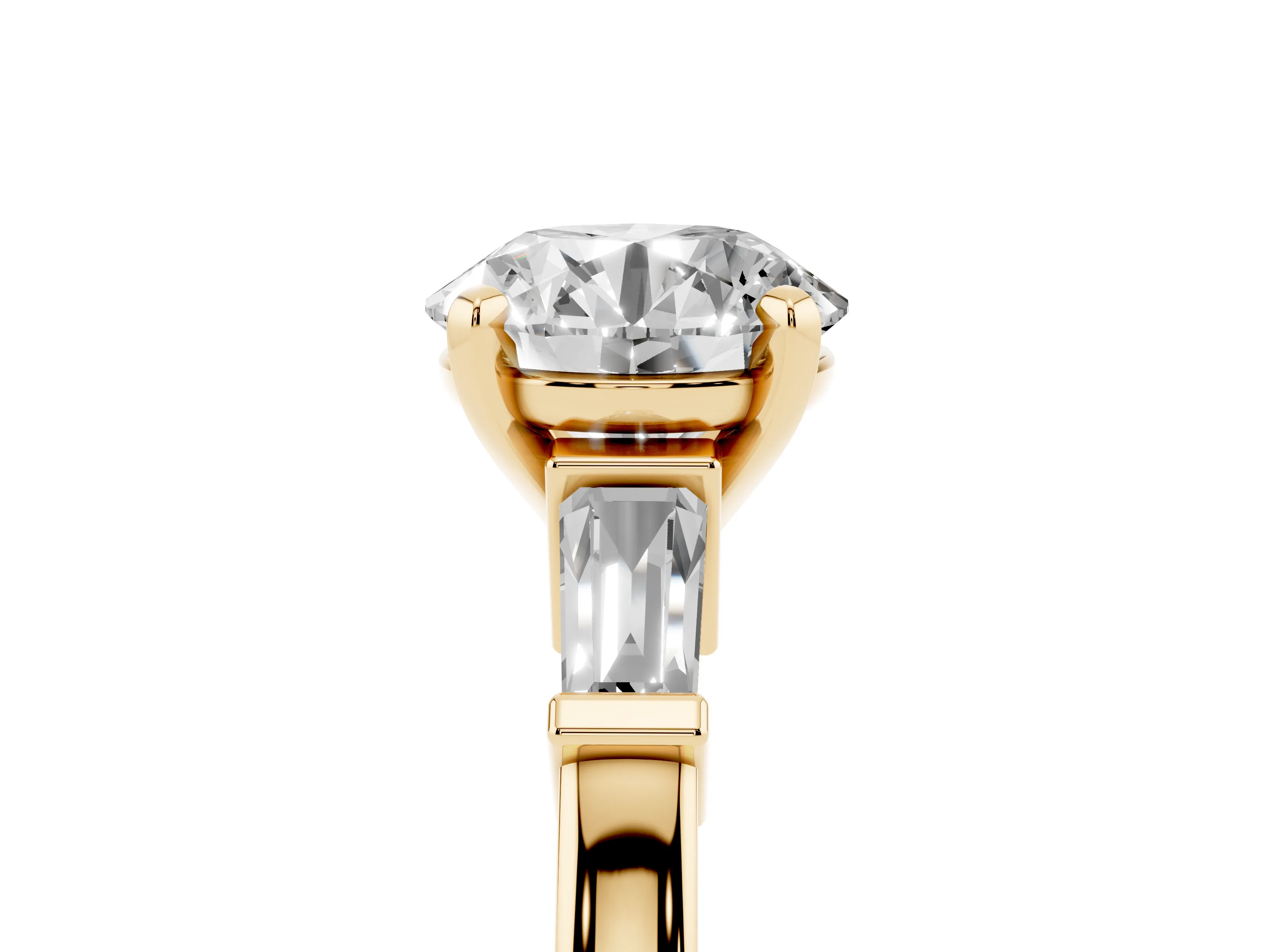 Round Cut Diamond Solitaire Ring Set in Yellow gold with Tapered Baguette Accents and Prong Setting