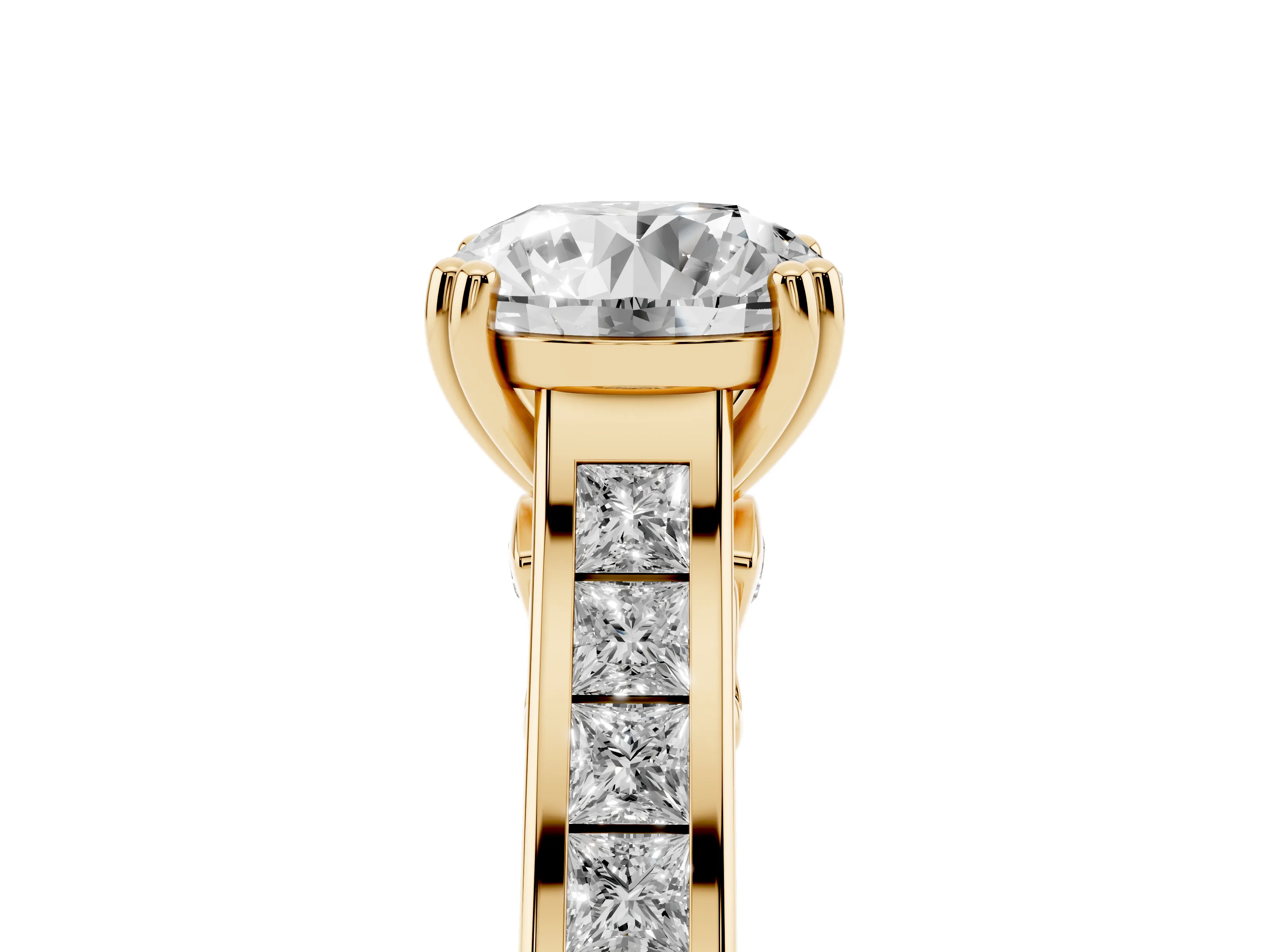 Round Cut Diamond Channel Set Solitaire Engagement Ring Set in Yellow gold with Prong Setting