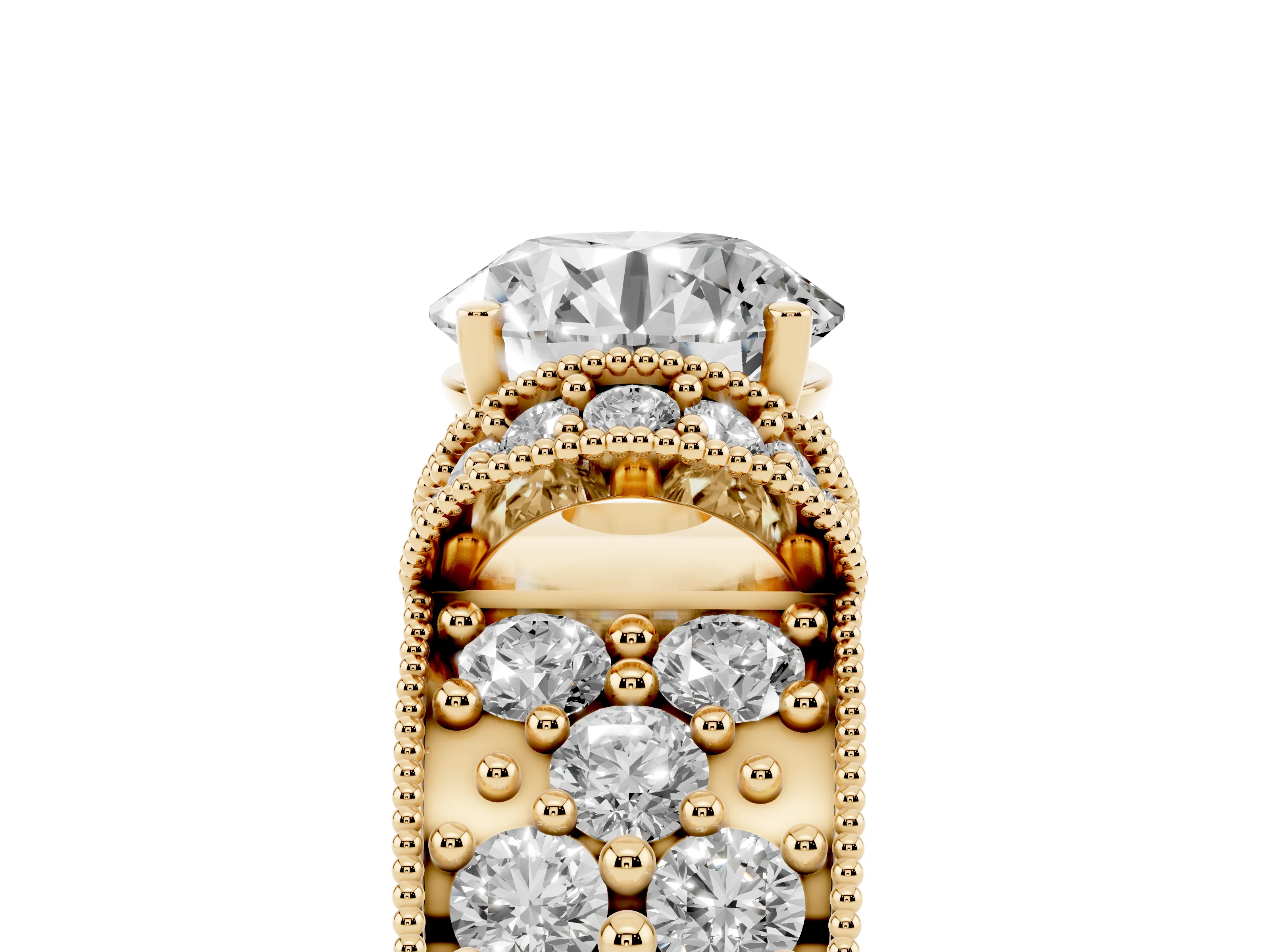 Round Cut Diamond Milgrain Halo Pavé Engagement Ring Set in Yellow gold with Prong Setting