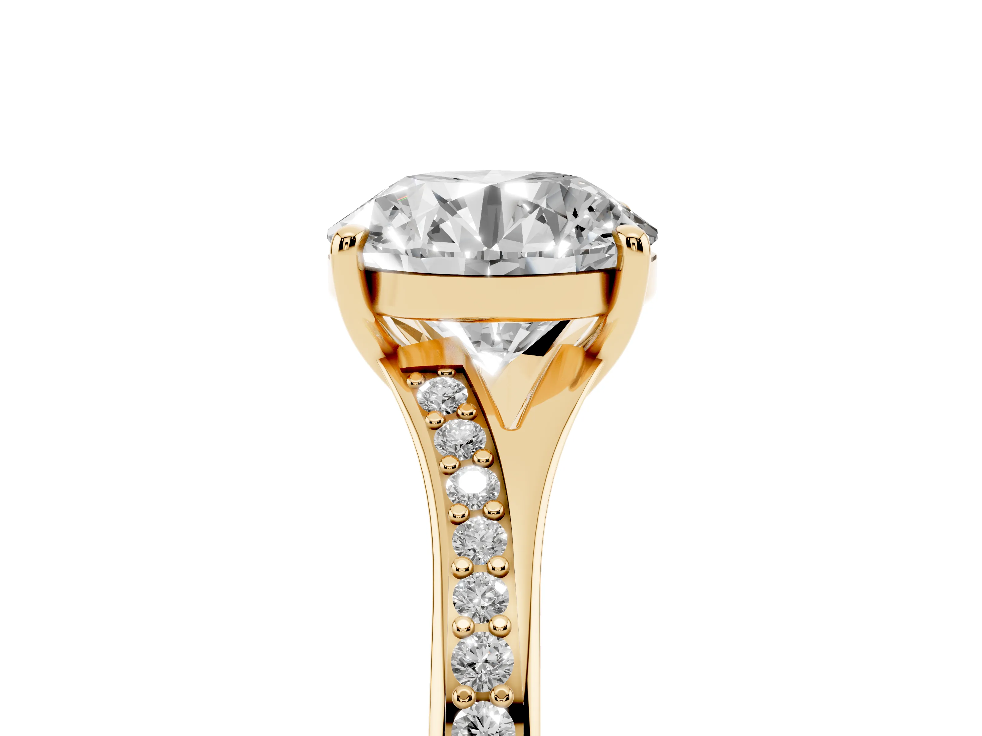 Round Cut Diamond Solitaire Ring Set in Yellow gold with Pavé Accent Band and Classic Prong Setting