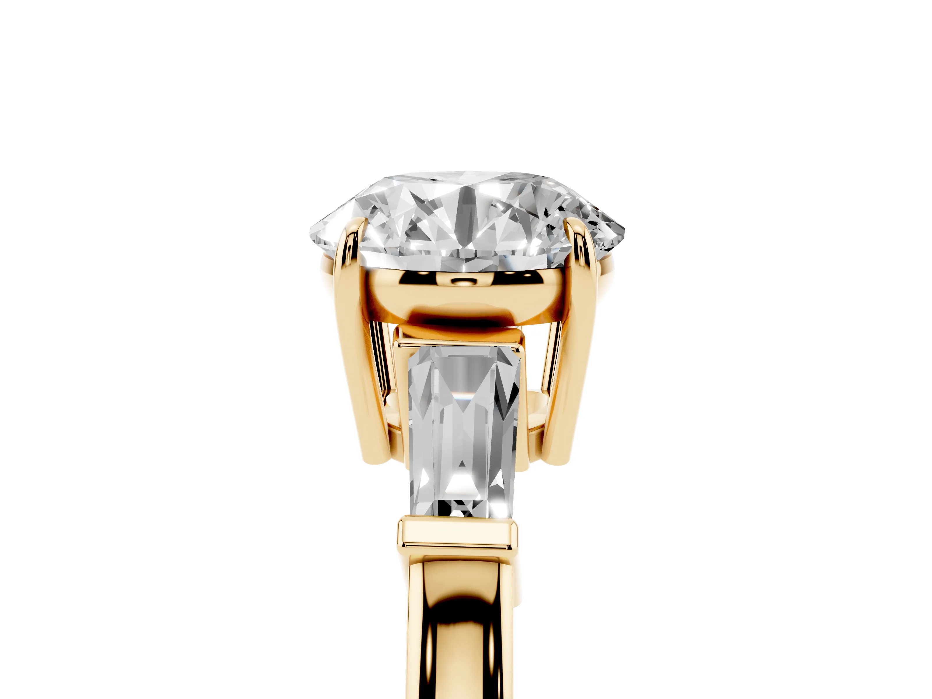Round Cut Diamond Three-Stone Ring Set in Yellow gold with Tapered Baguette Side Stones and Prong Setting