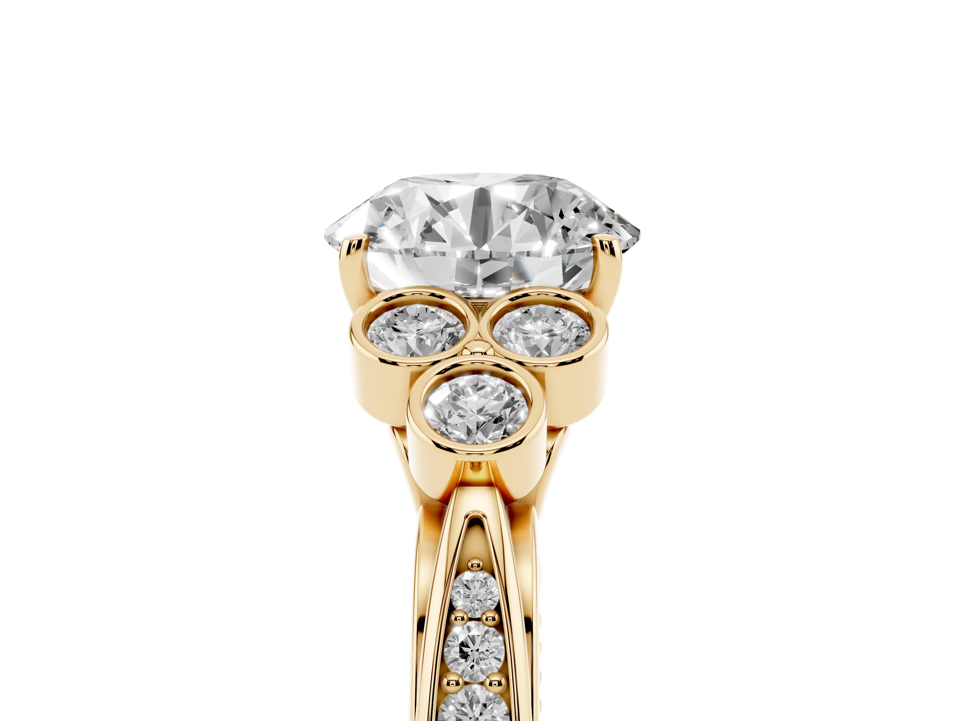 Round Cut Diamond Engagement Ring Set in Yellow gold with Bezel Set Round Side Stones and Prong Setting
