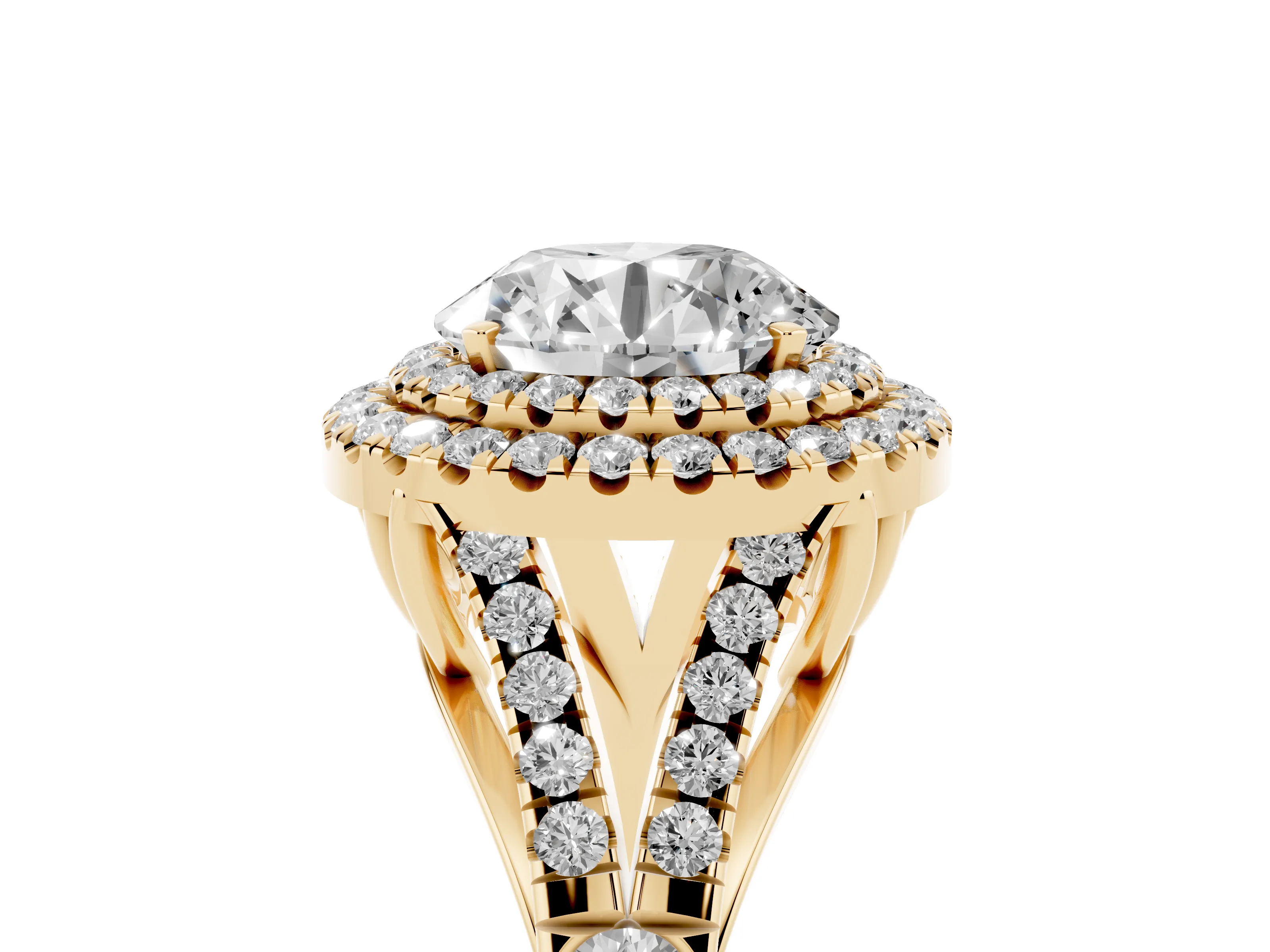 Round Cut Diamond Pavé Split Shank Double Halo Engagement Ring Set in Yellow gold