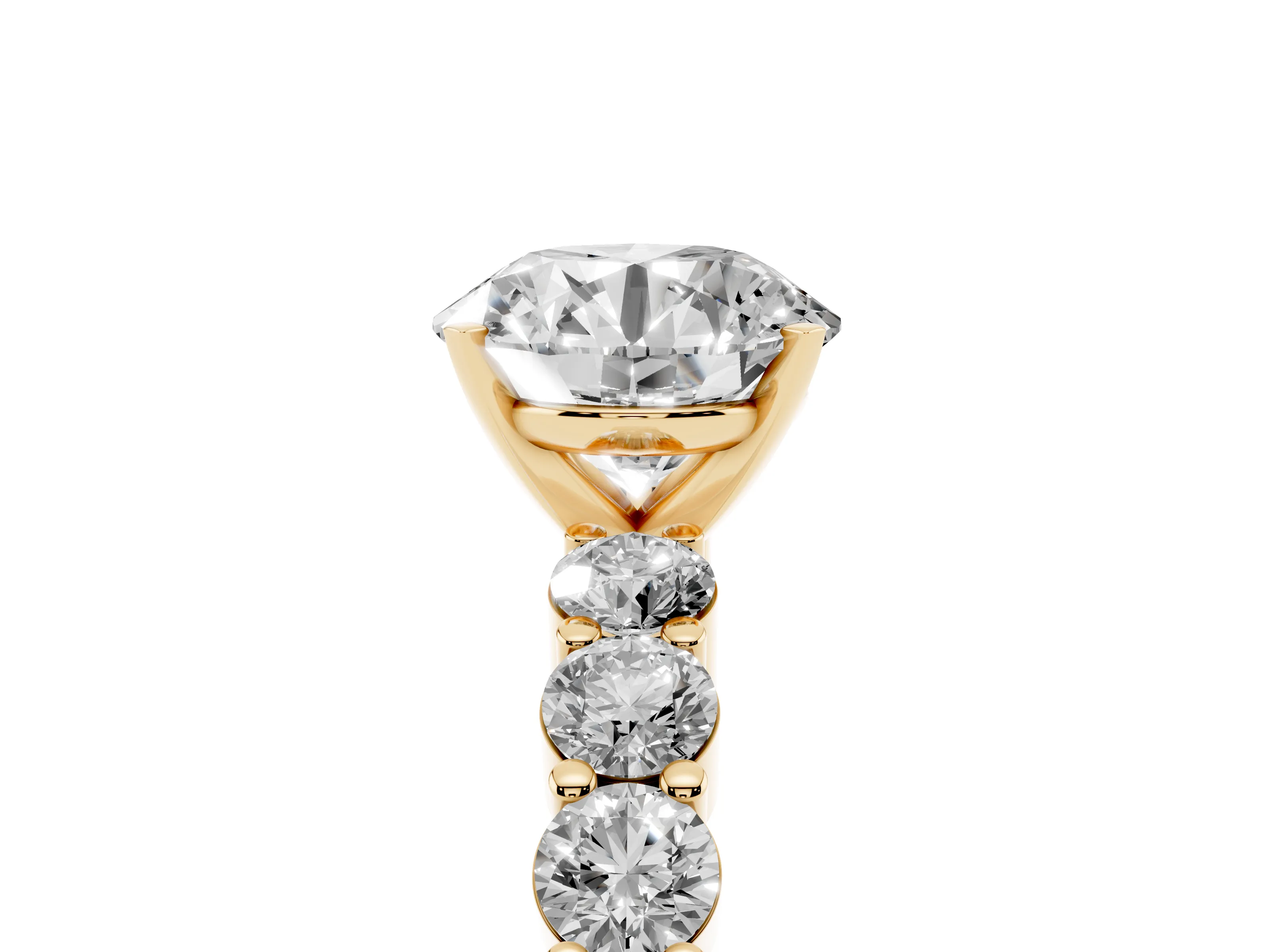 Round Cut Diamond Solitaire Ring Set in Yellow gold with Shared Prong Round Side Stones