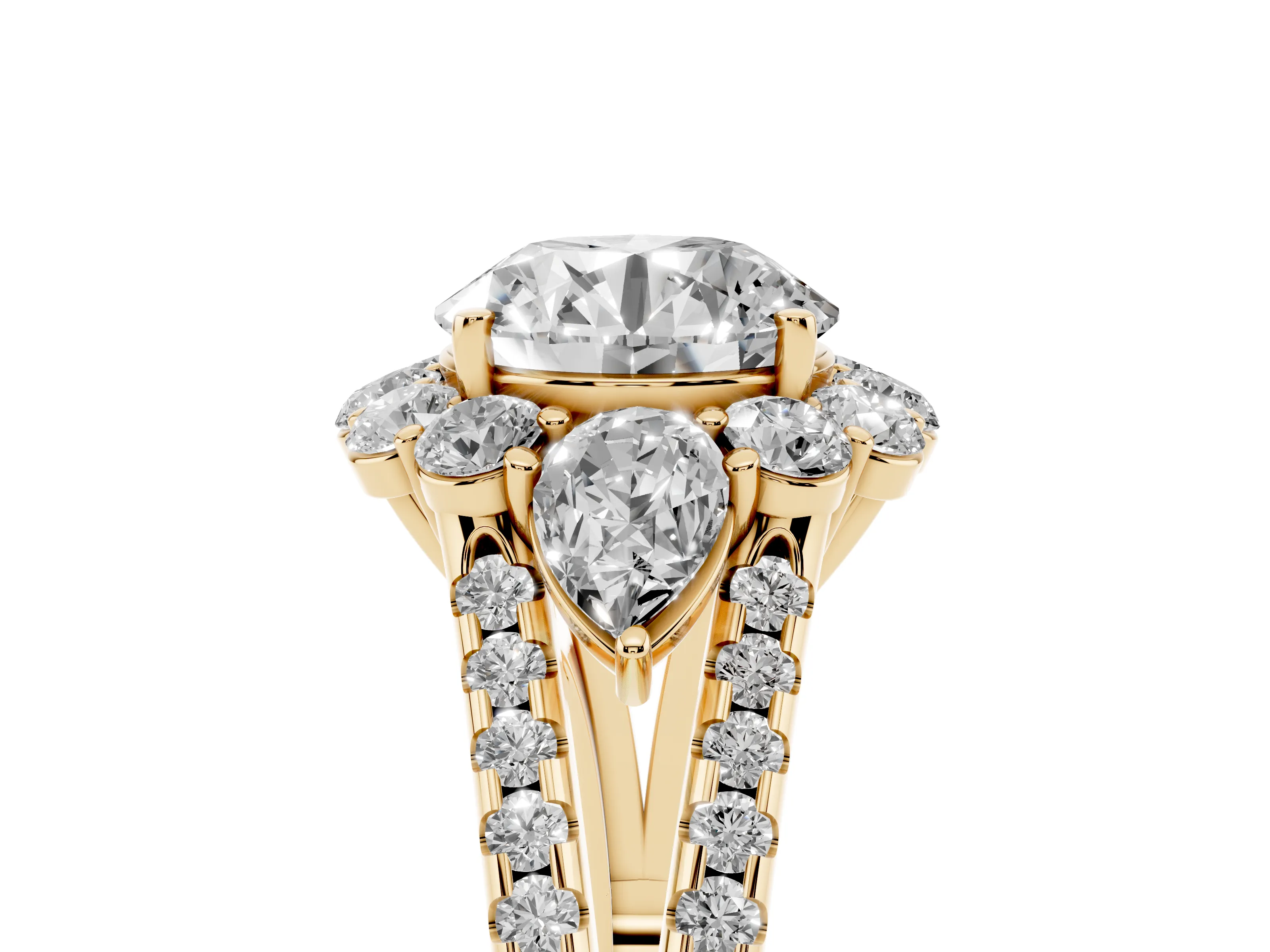 Round Cut Diamond Halo Split Shank Engagement Ring Set in Yellow gold with Prong-Held Center Stone