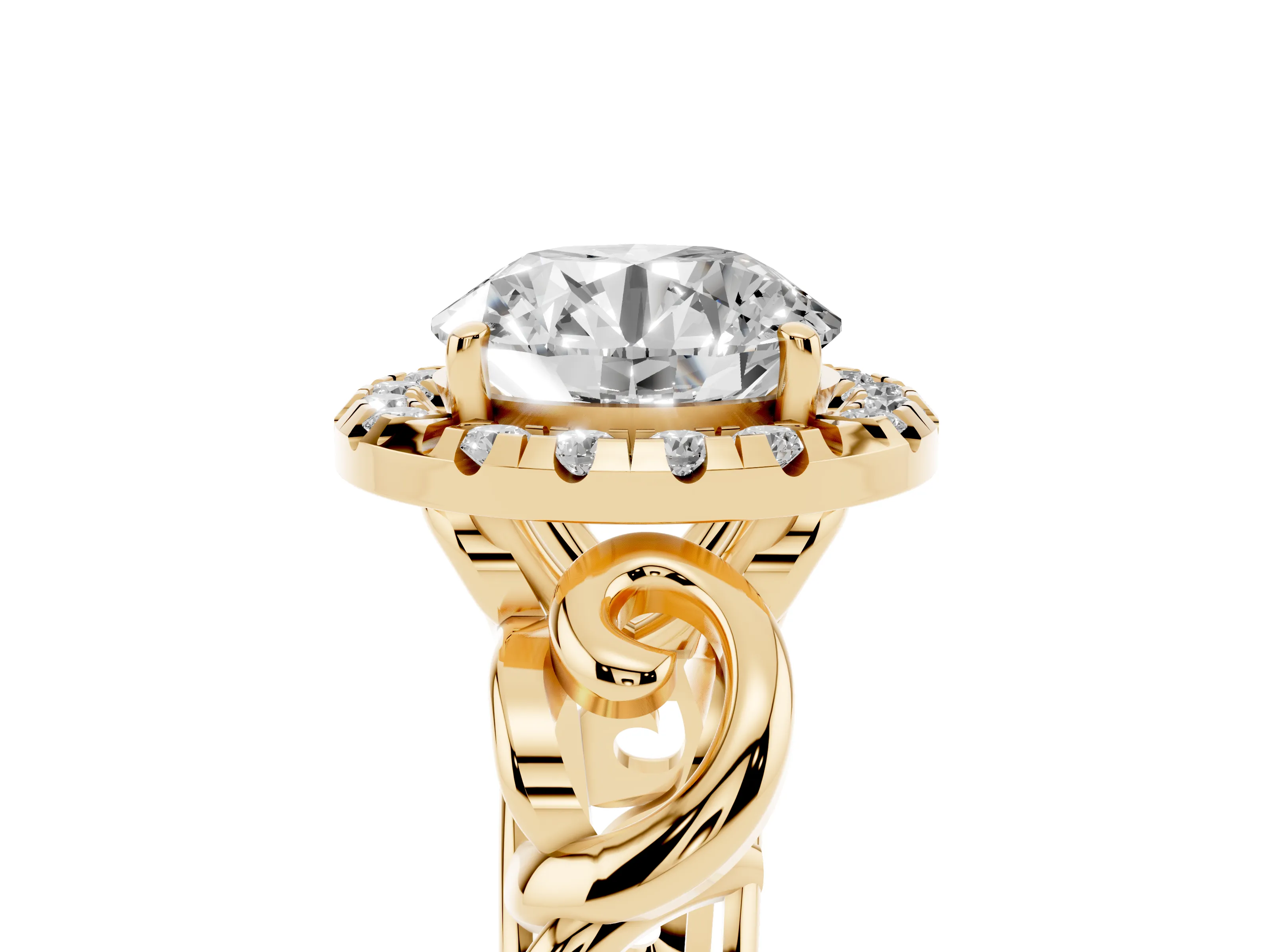 Round Cut Diamond Halo Ring Set in Yellow gold with Scrollwork Band and Prong Setting
