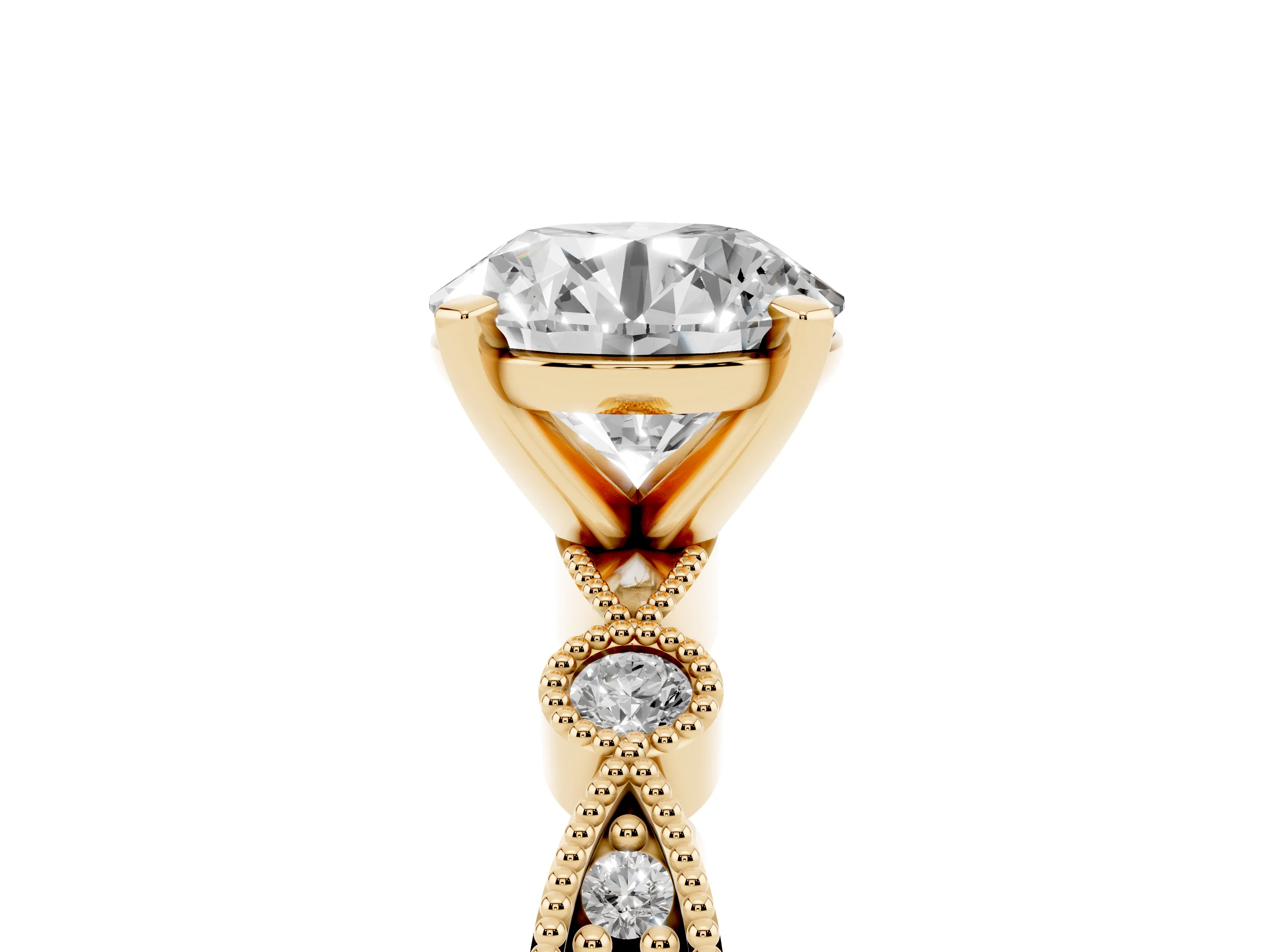 Round Cut Diamond Solitaire Engagement Ring Set in Yellow gold with Milgrain Bezel Accent Band