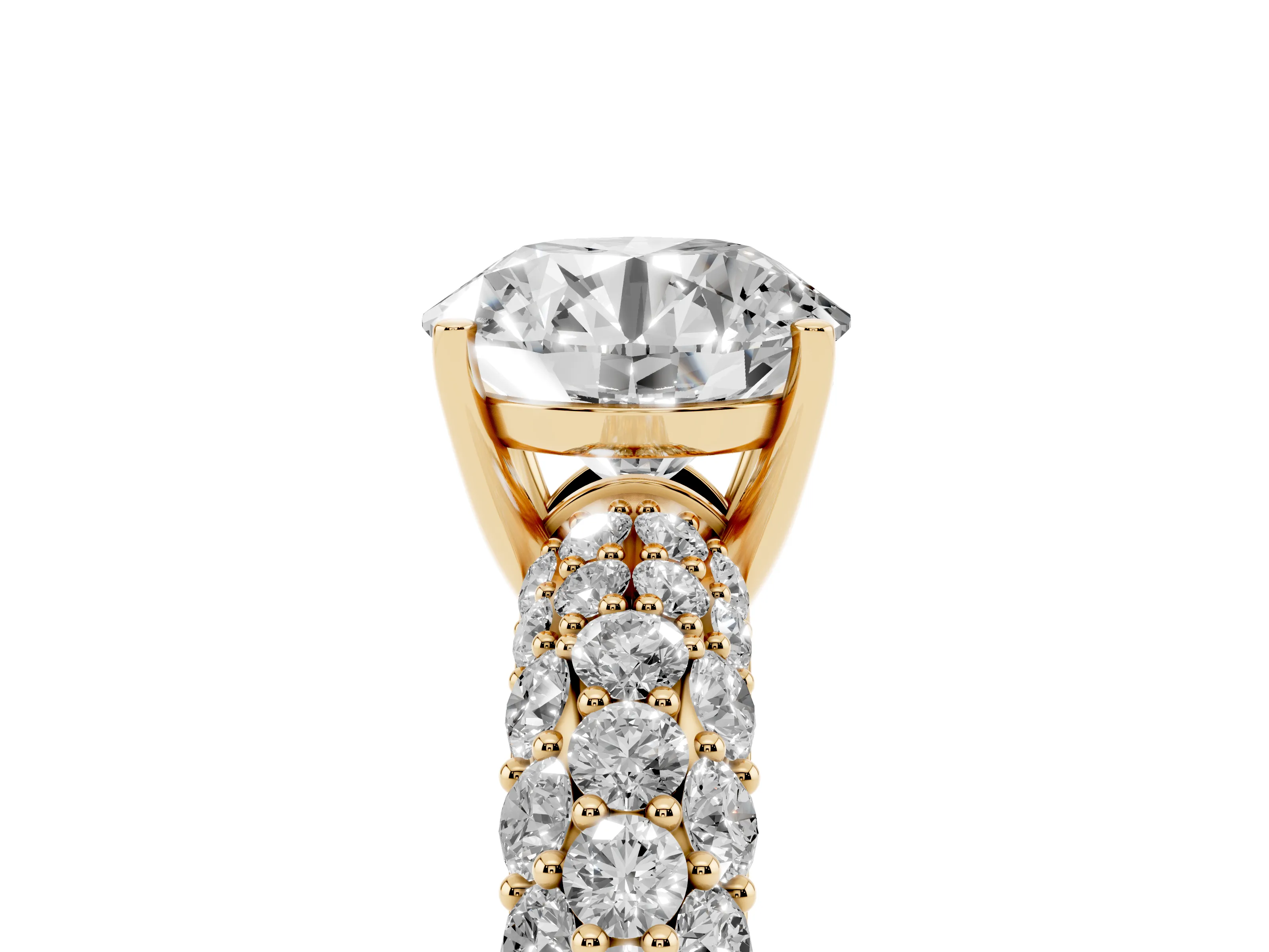 Round Cut Diamond Pavé Band Solitaire Ring Set in Yellow gold with Close-Set Accent Stones and Prong Setting