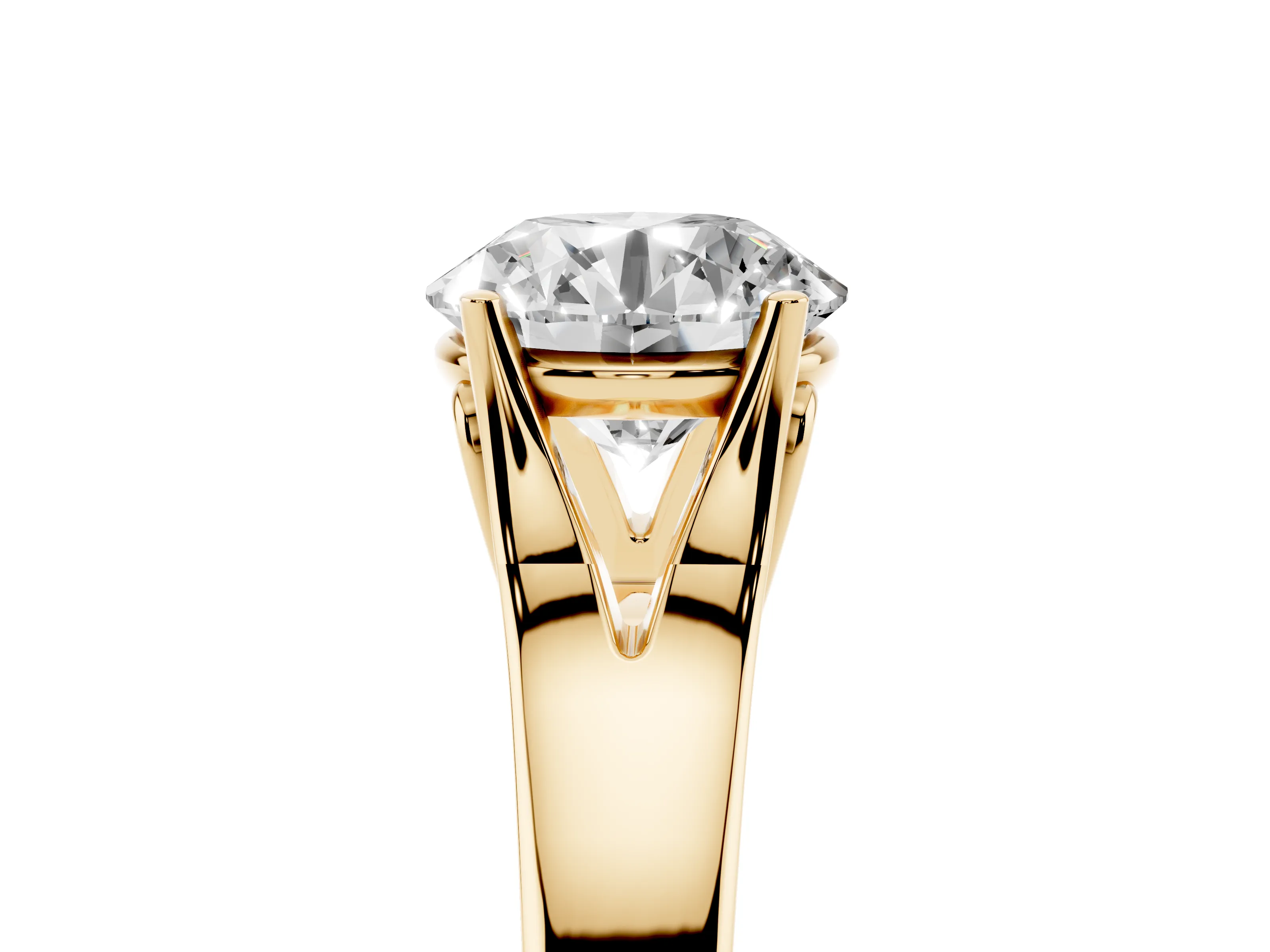 Round Cut Diamond Solitaire Ring Set in Yellow gold with Arched Cathedral Band and Prong Setting