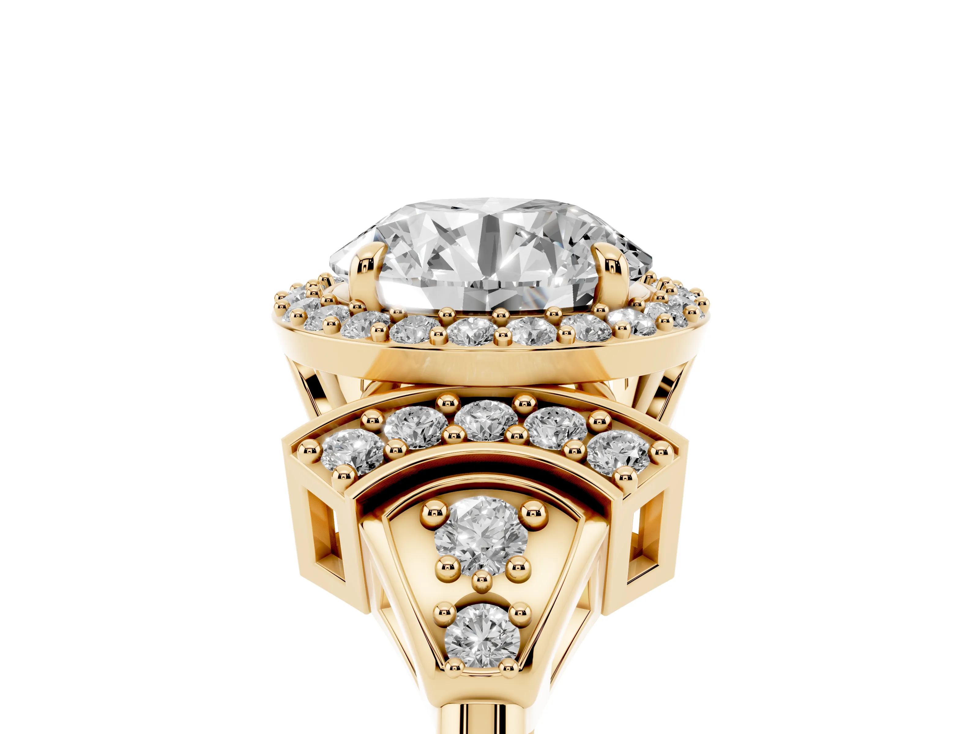 Round Cut Diamond Halo Engagement Ring Set in Yellow gold with Accent Stone Split Shank