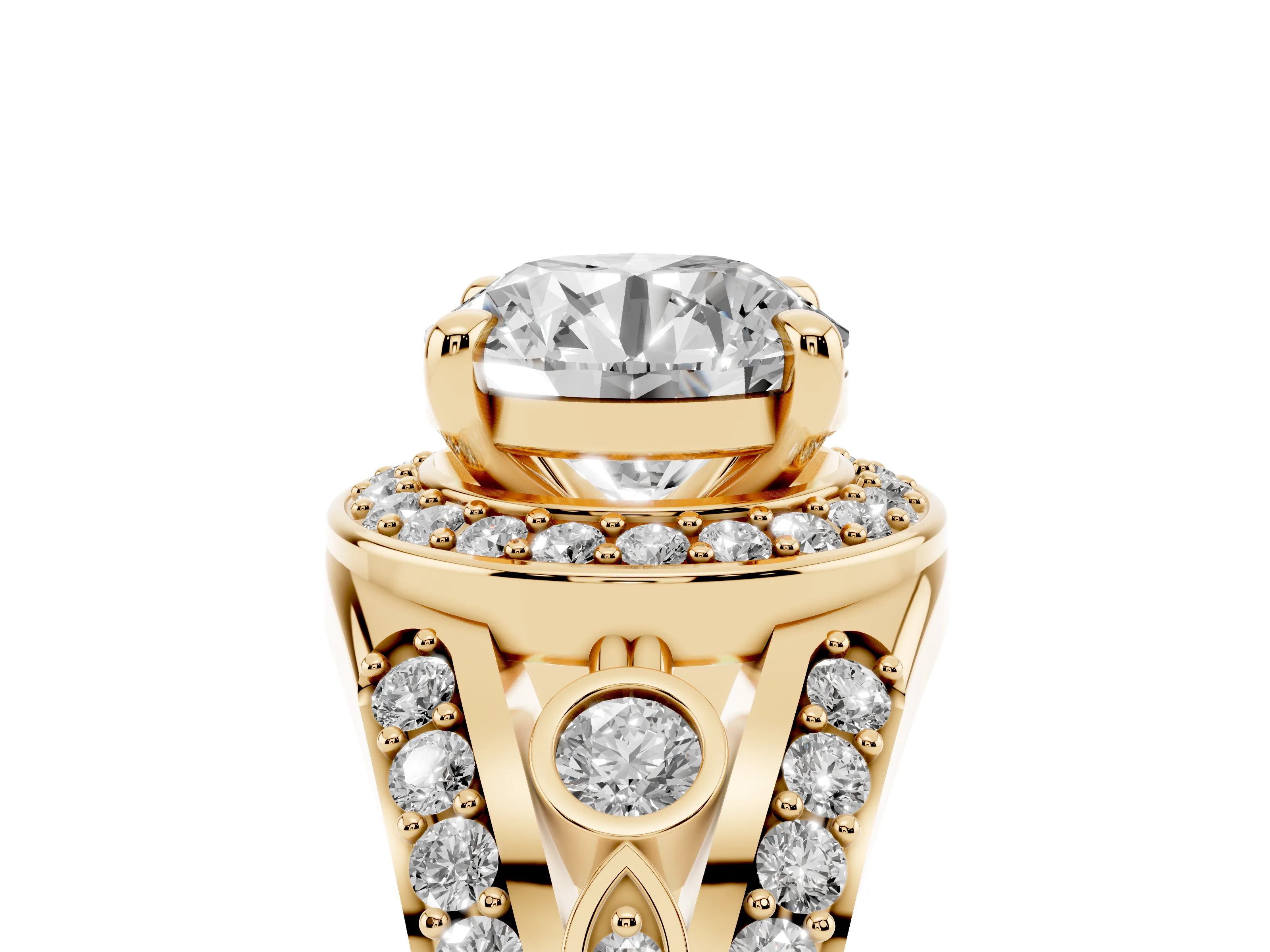 Round Cut Diamond Halo Ring Set in Yellow gold with Pavé Split Shank and Bezel Accents
