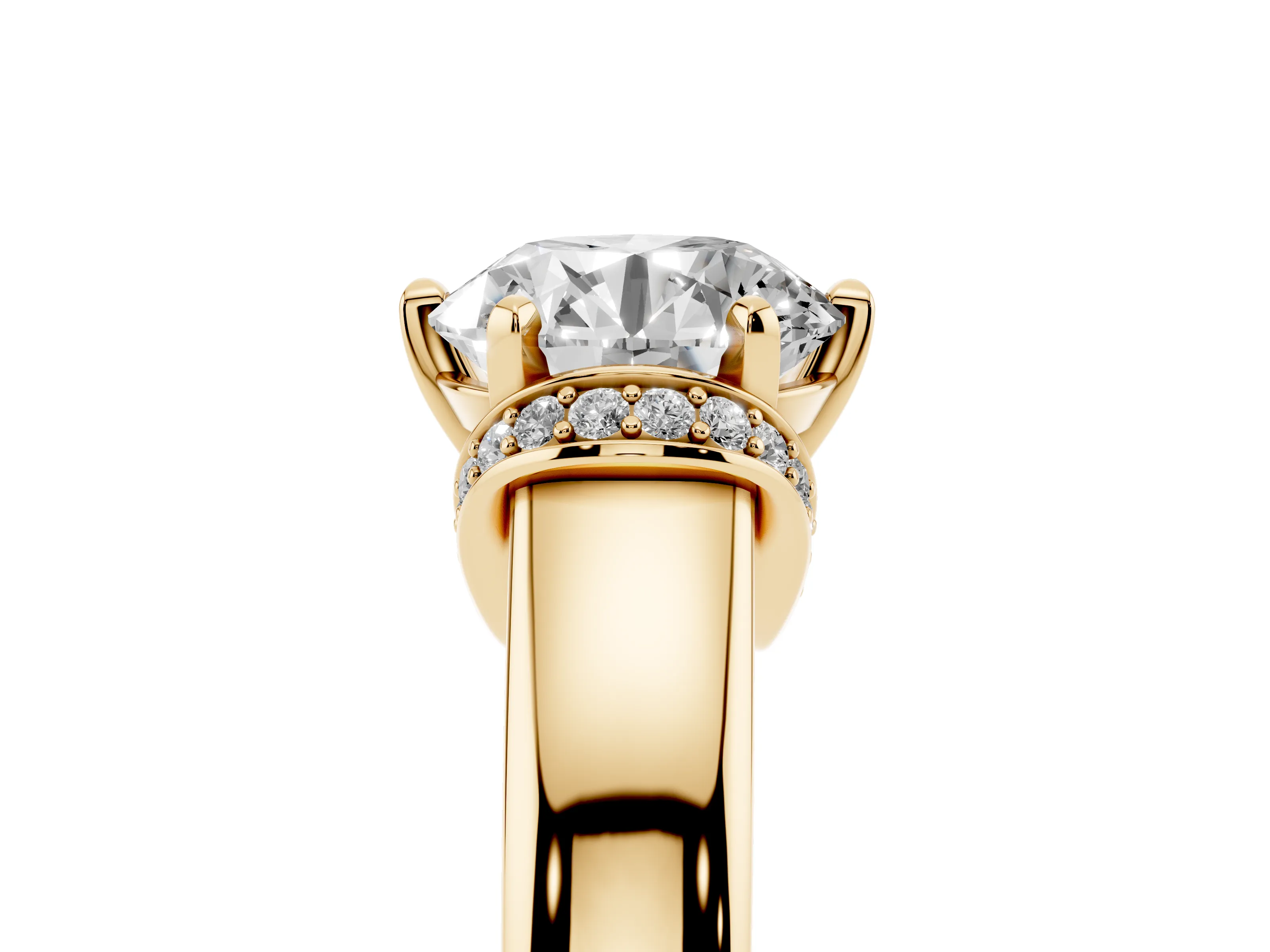 Round Cut Diamond Pavé Band Solitaire Ring Set in Yellow gold with Prong Setting