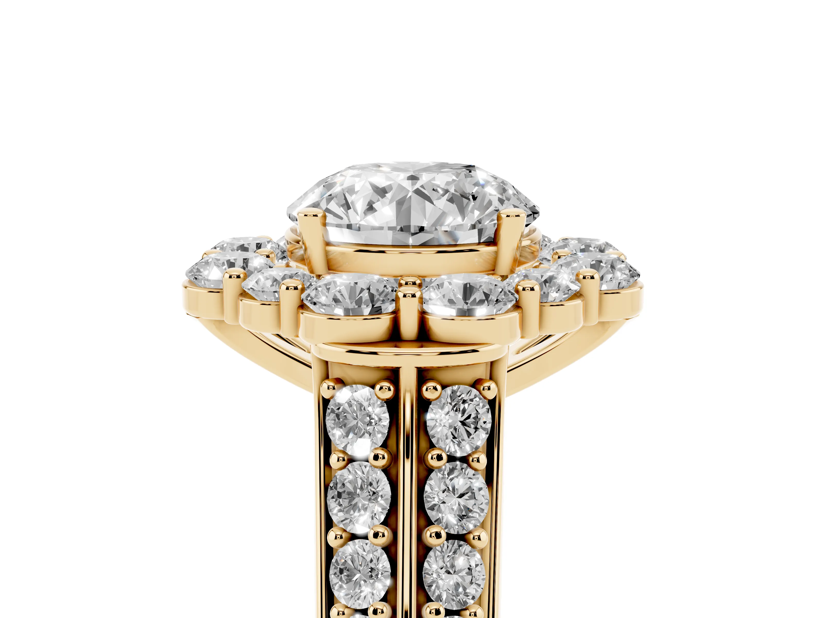 Round Cut Diamond Halo Engagement Ring Set in Yellow gold with Split Shank and Prong Setting