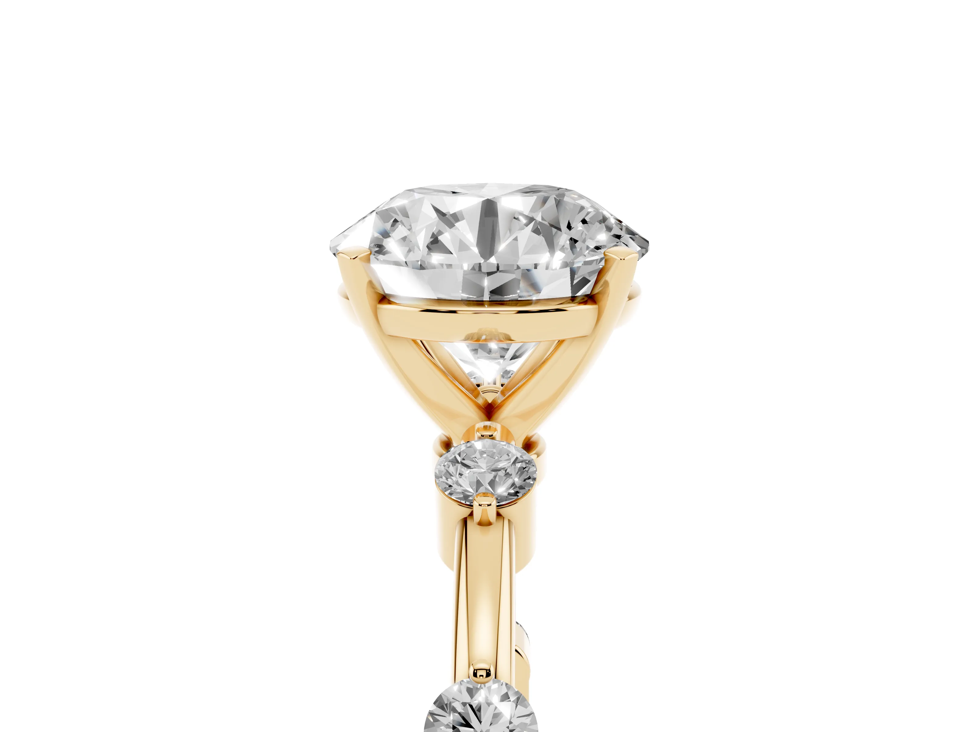 Round Cut Diamond Solitaire Ring Set in Yellow gold with Bezel Set Side Stones and Prong Setting